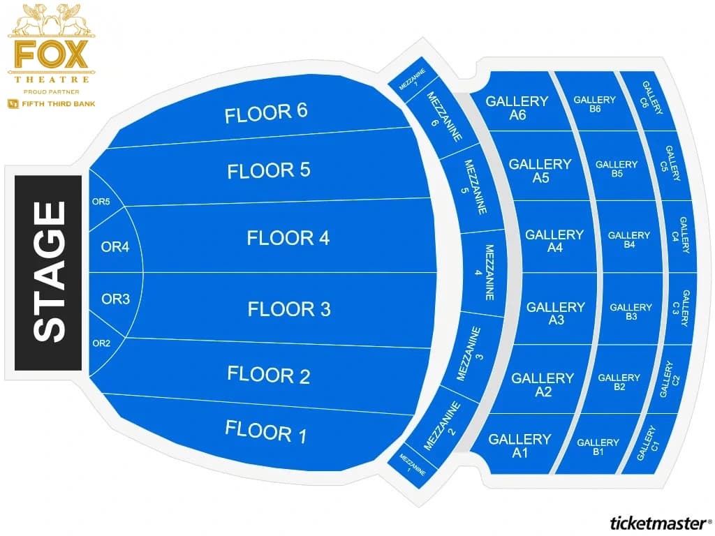 Fox Theatre Detroit: Seating chart, Theatre. Use the source chart for section and row details.