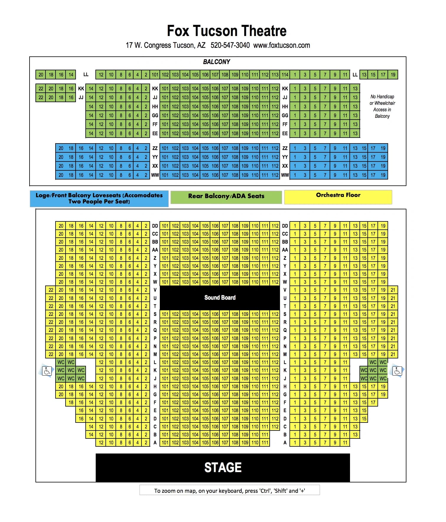 Fox Tucson Theatre: Seating chart, Fox Tucson reference · orchestra, loge loveseats and rear balcony. Use the source chart for section and row details.
