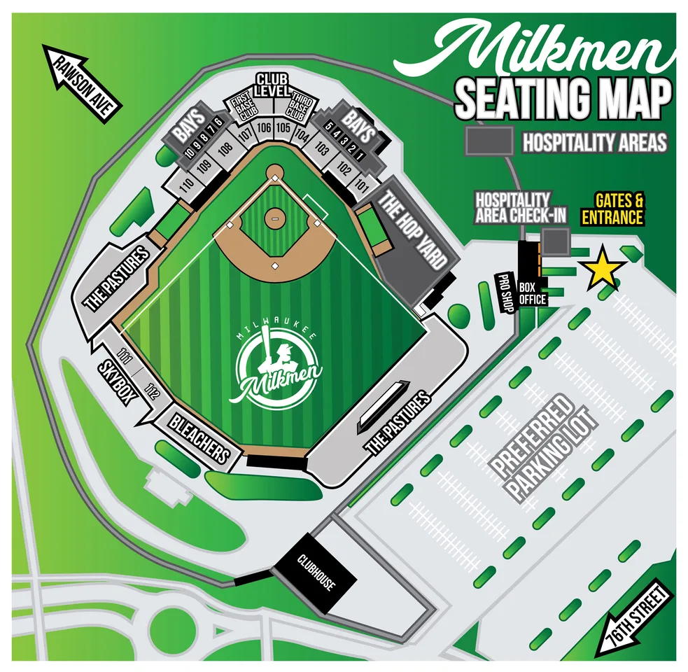 Franklin Field: Seating chart, Baseball · Milkmen numbered sections and hospitality areas. Use the source chart for section and row details.