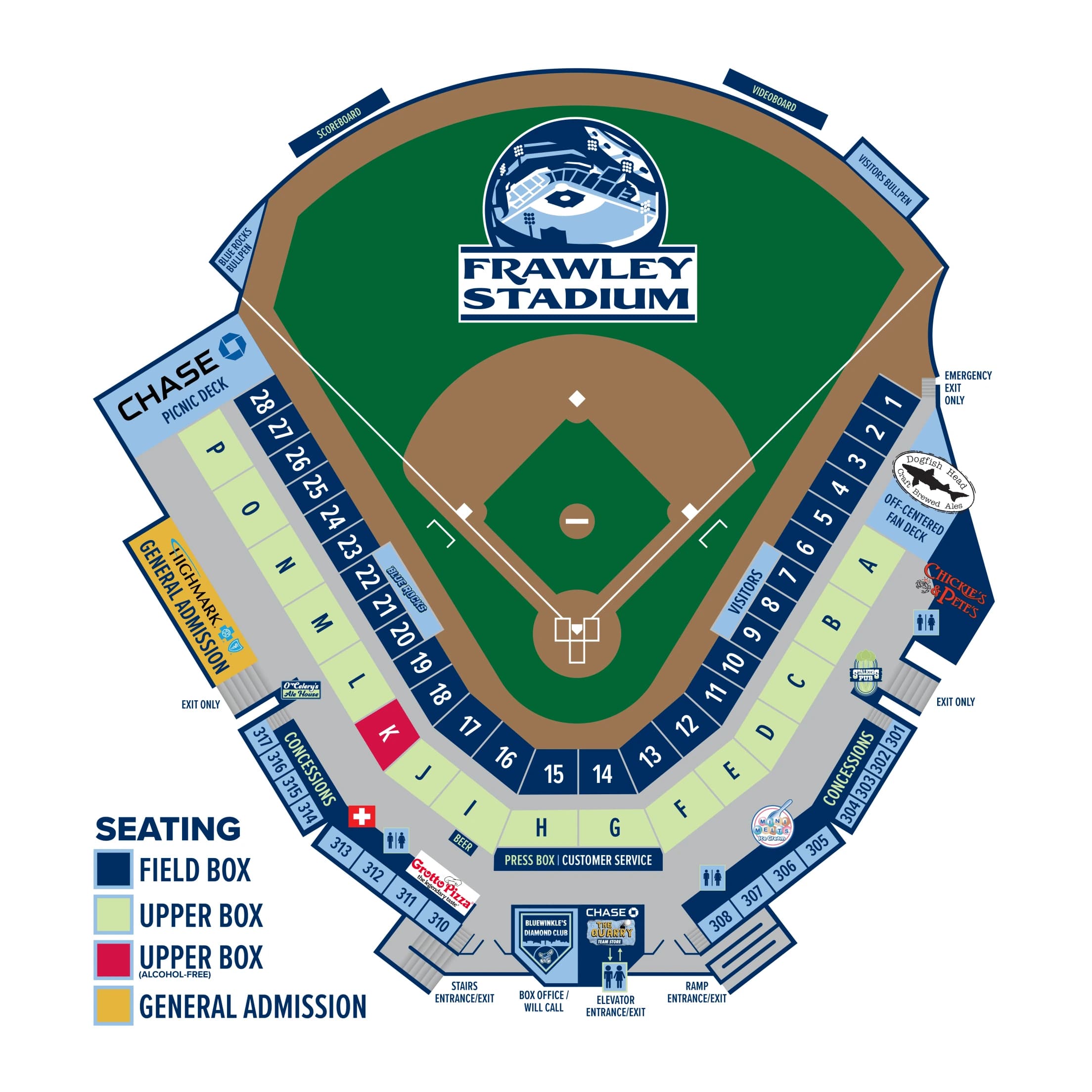 Frawley Stadium: Seating chart, Frawley Stadium — official 2026 seating sections and accessible routes. Use the source chart for section and row details.