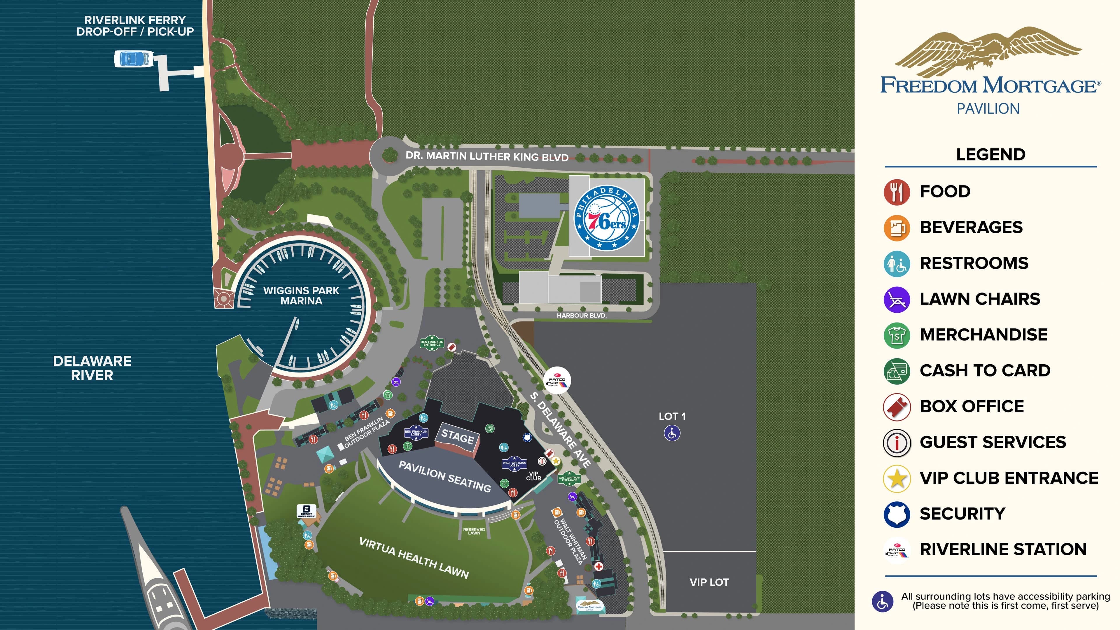 Freedom Mortgage Pavilion: Venue layout, Concert pavilion — seating areas, lawn, and amenities. Use the original map for routes and visitor facilities.