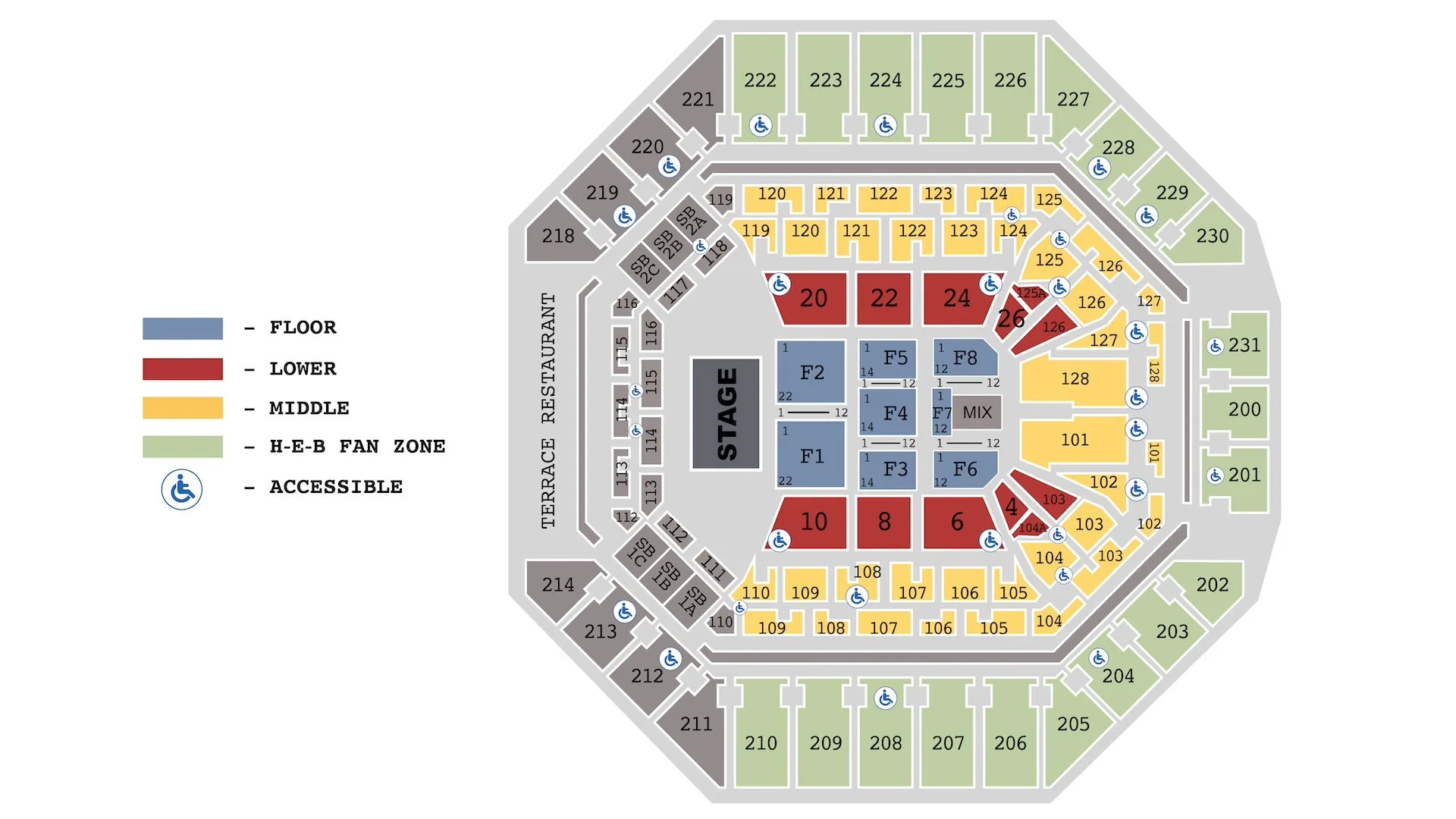 Frost Bank Center: Seating chart, Concert · end stage. Use the source chart for section and row details.