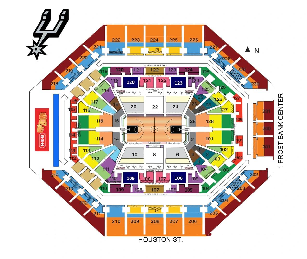 Frost Bank Center: Seating chart, Basketball · San Antonio Spurs. Use the source chart for section and row details.