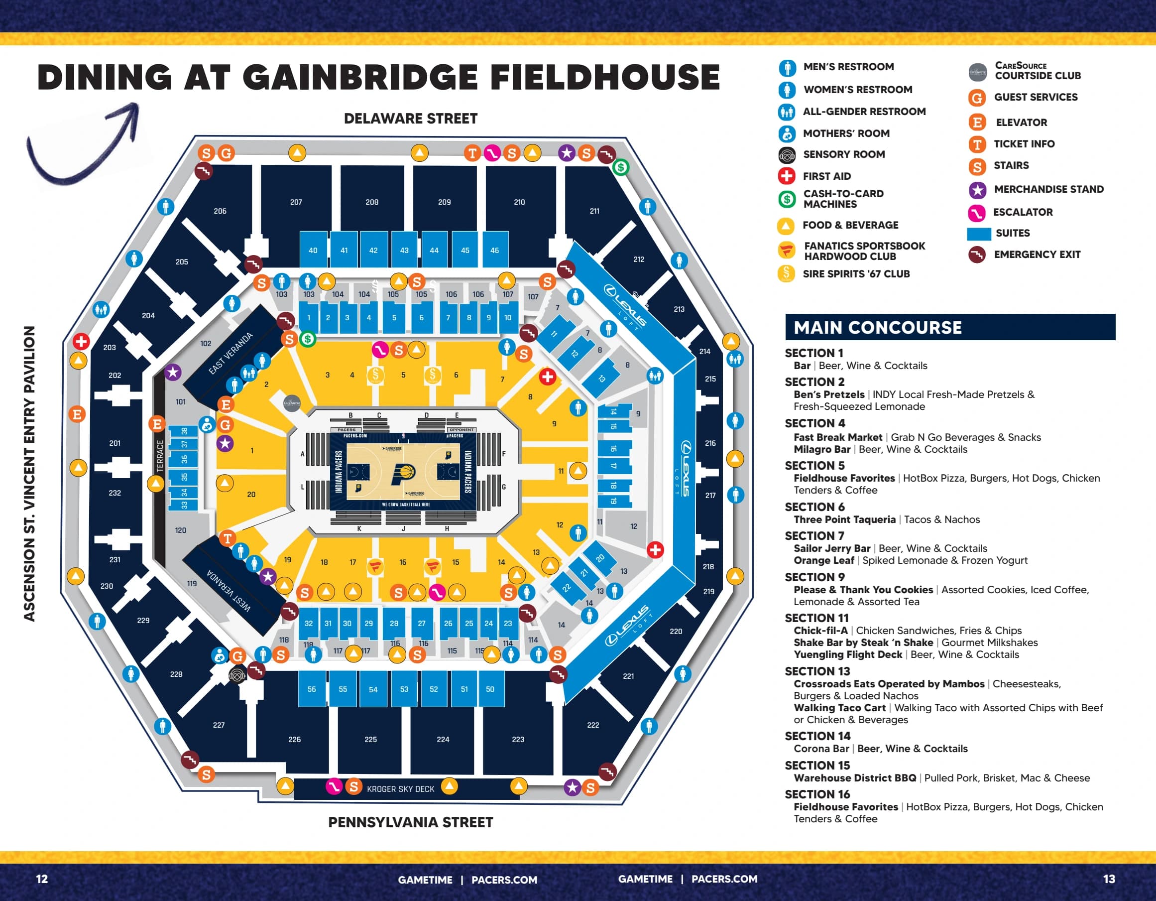 Gainbridge Fieldhouse: Seating chart, Gainbridge Fieldhouse — basketball sections and concourse amenities. Use the source chart for section and row details.
