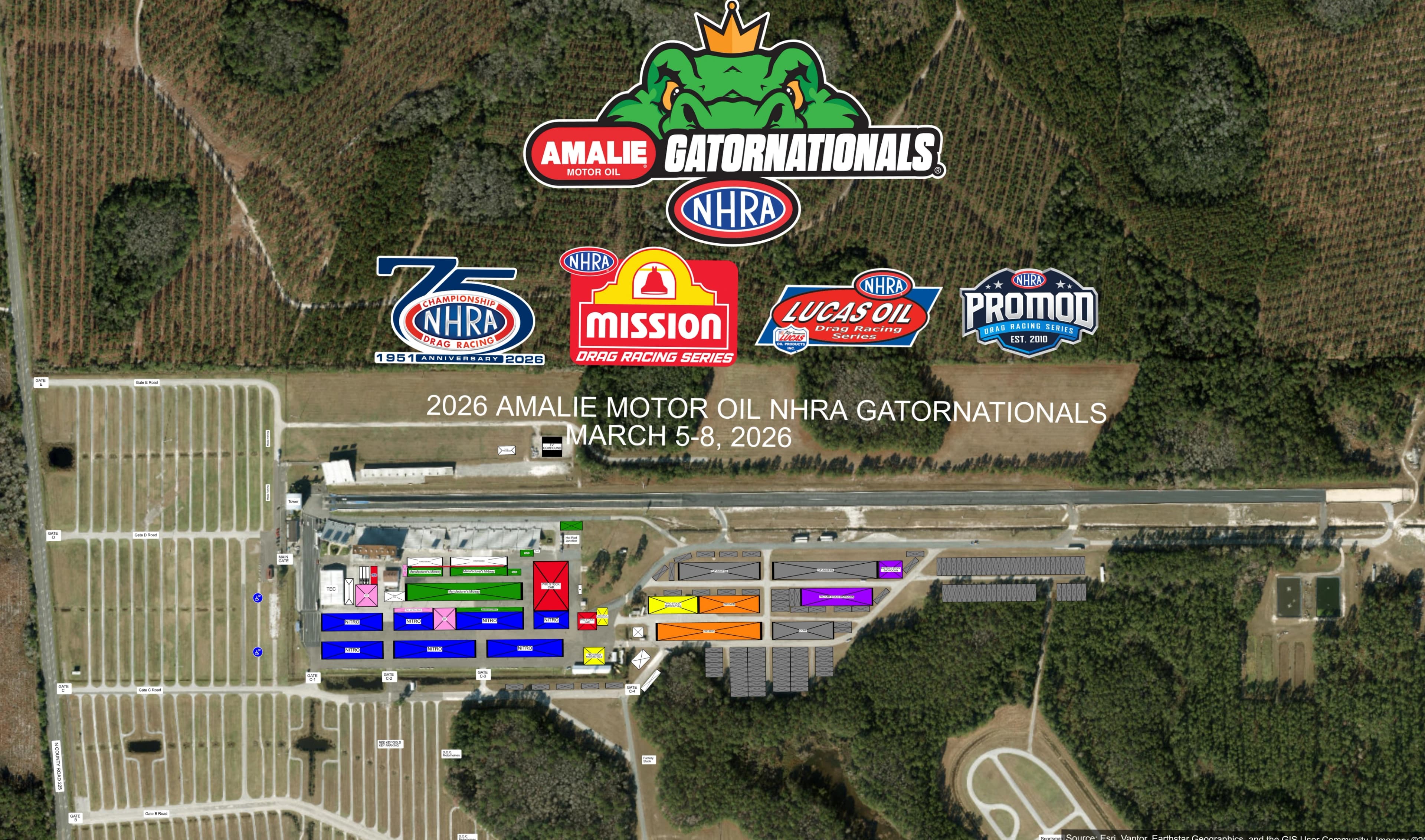 Gainesville Raceway: Venue layout, Gainesville · March 5–8, 2026 Gatornationals event site plan. Use the original map for routes and visitor facilities.