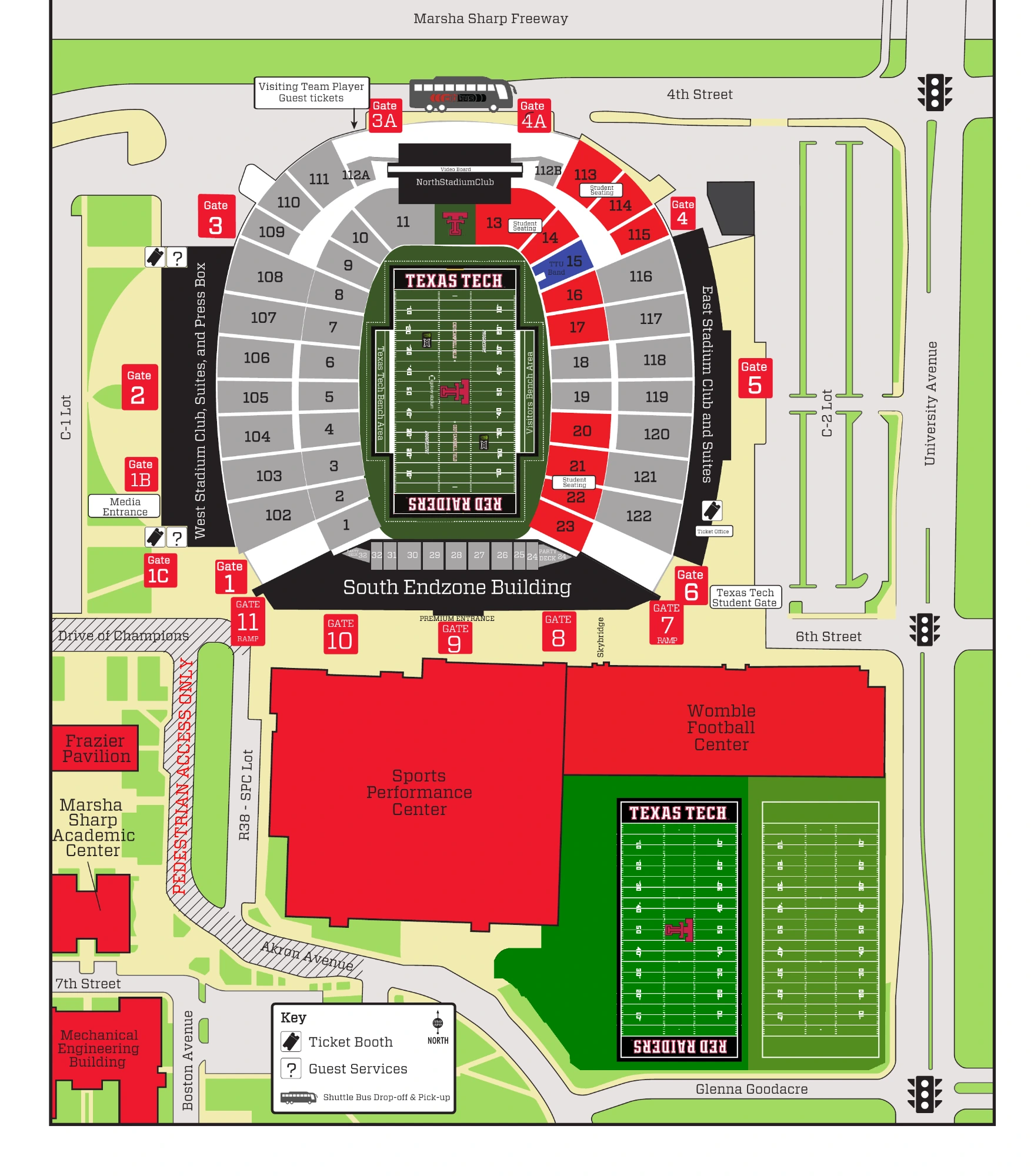 Galaxy Stadium: Venue layout, Texas Tech football — stadium sections and surrounding access areas. Use the original map for routes and visitor facilities.