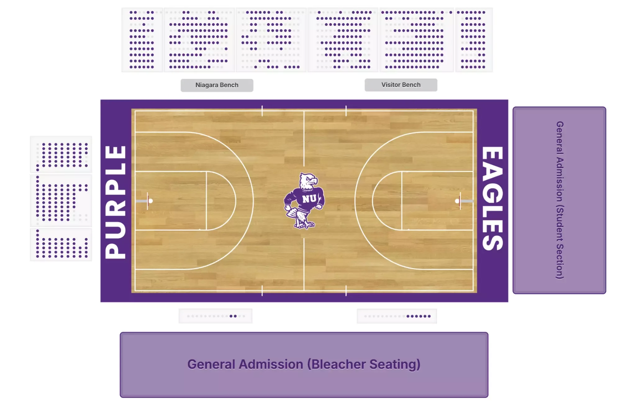 Gallagher Center: Seating chart, Basketball reserved sections and general admission bleachers — published 2026. Use the source chart for section and row details.