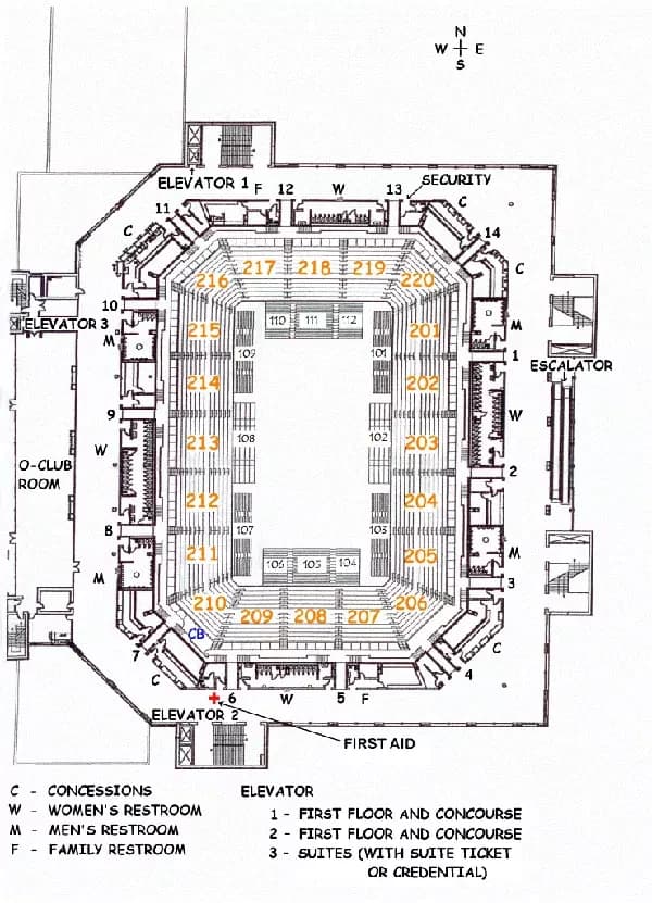 Gallagher-Iba Arena: Venue layout, Concourse sections and facilities · 2015 source. Use the original map for routes and visitor facilities.