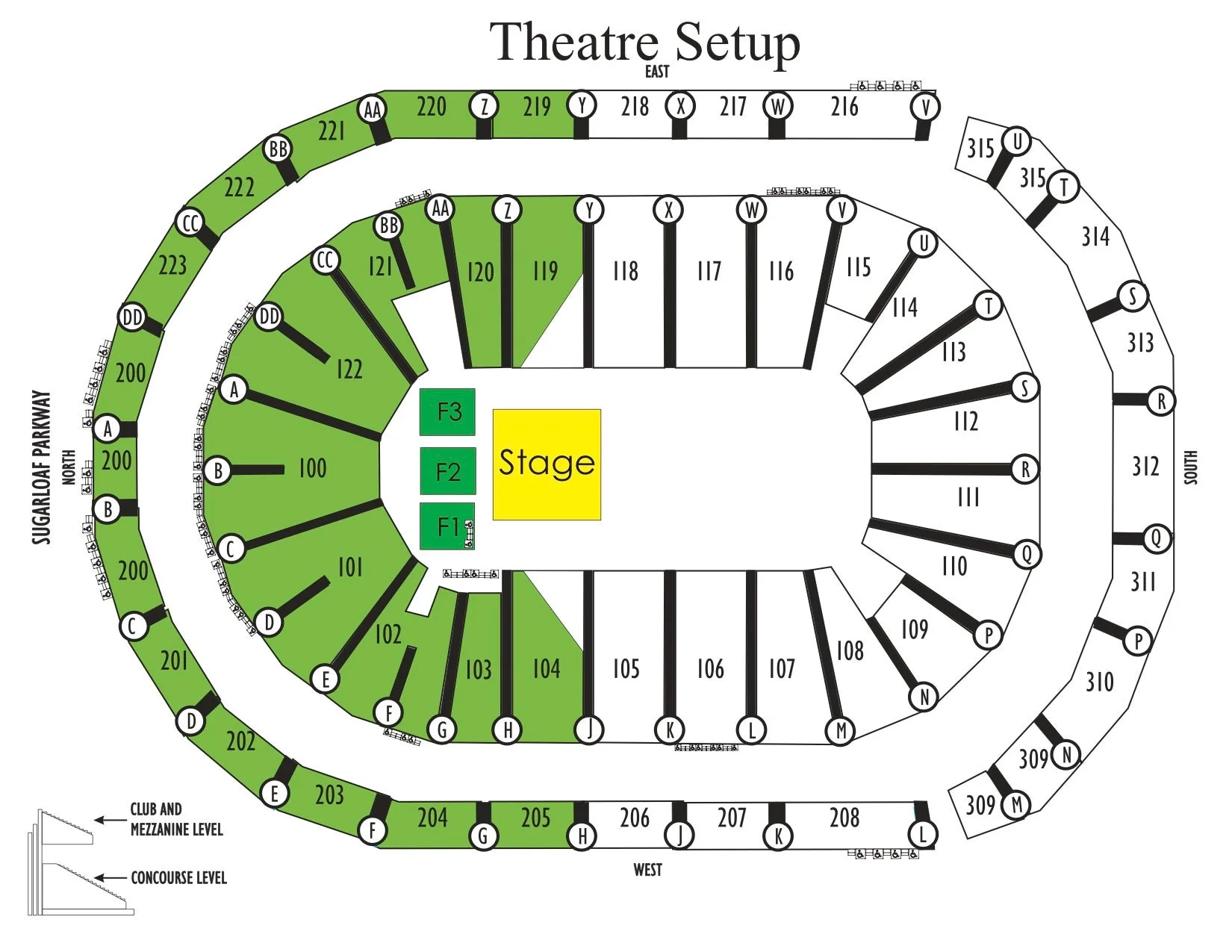 Gas South Arena: Seating chart, Theatre concert configuration. Use the source chart for section and row details.
