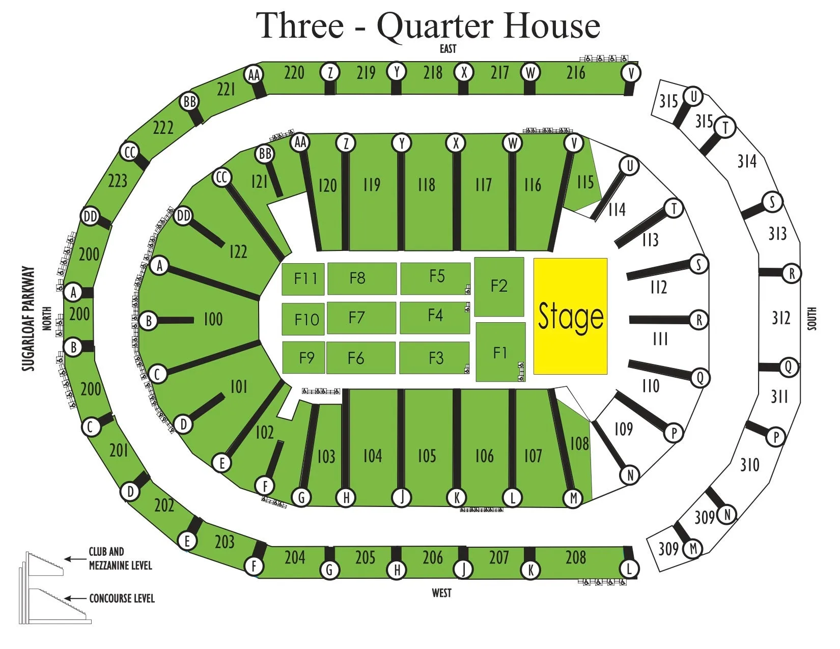 Gas South Arena: Seating chart, Three-quarter house concert configuration. Use the source chart for section and row details.