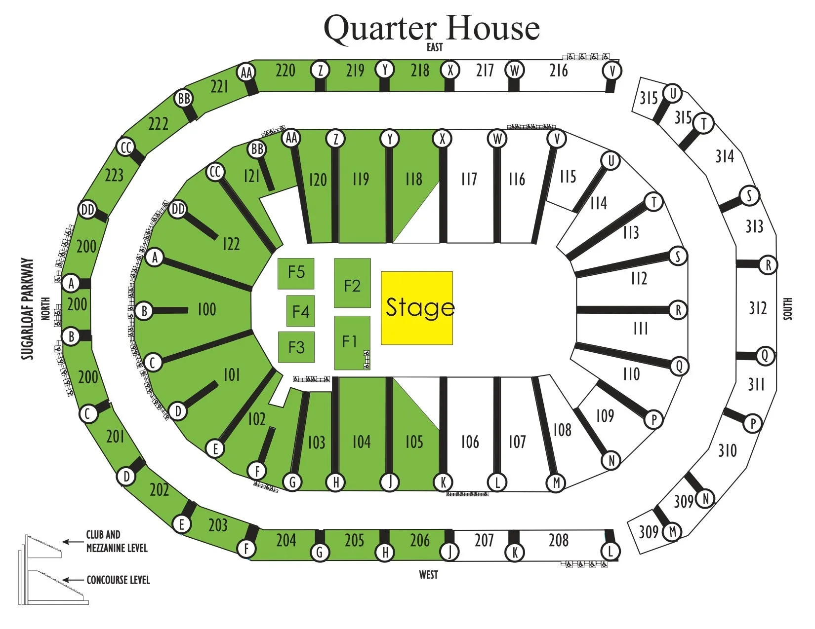 Gas South Arena: Seating chart, Quarter house concert configuration. Use the source chart for section and row details.