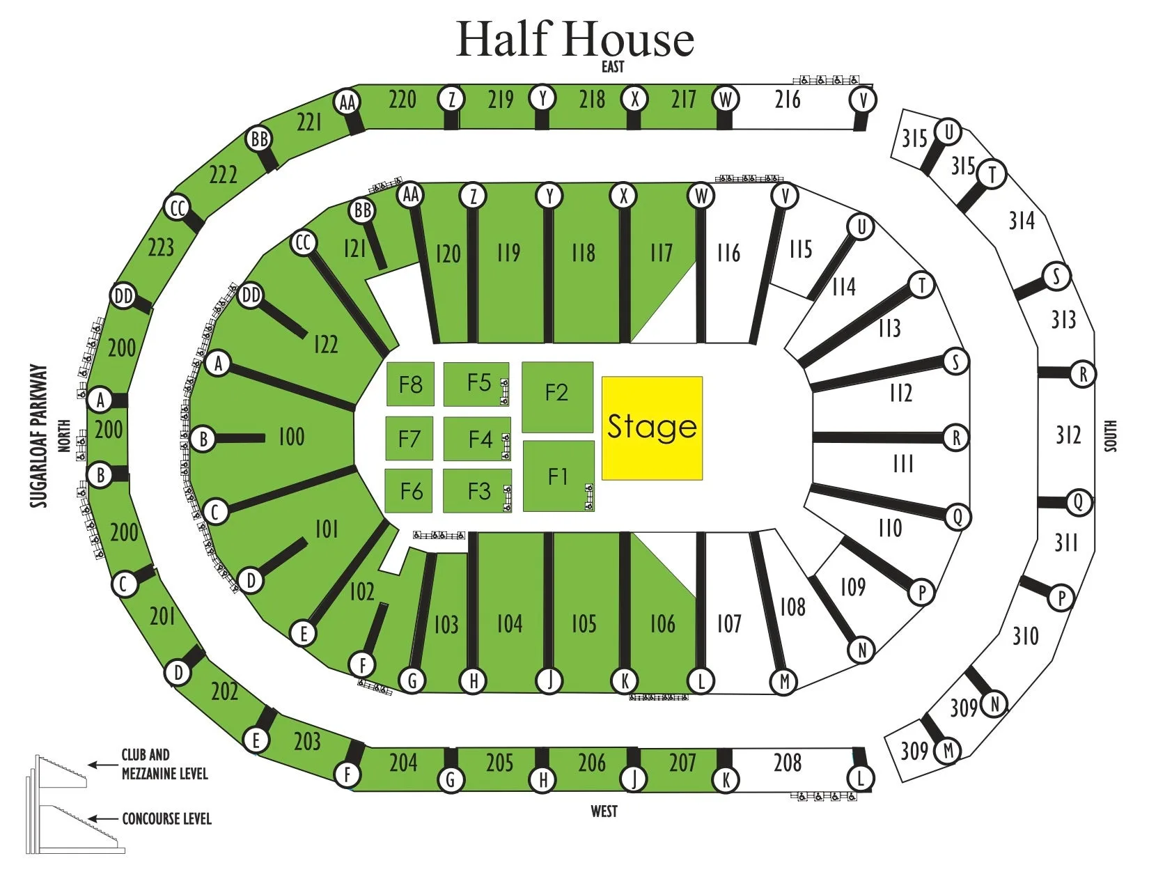 Gas South Arena: Seating chart, Half house concert configuration. Use the source chart for section and row details.