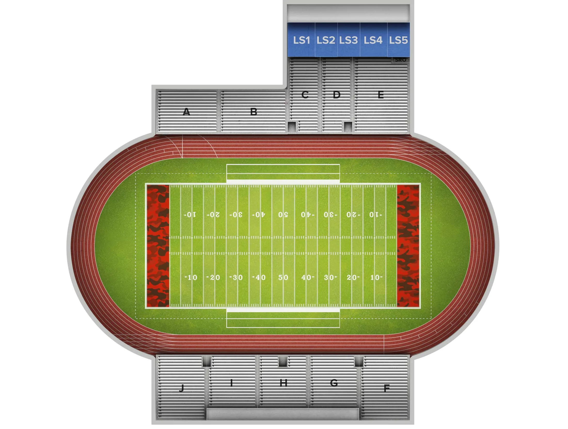 Gayle and Tom Benson Stadium: Seating chart, Football seating sections. Use the source chart for section and row details.