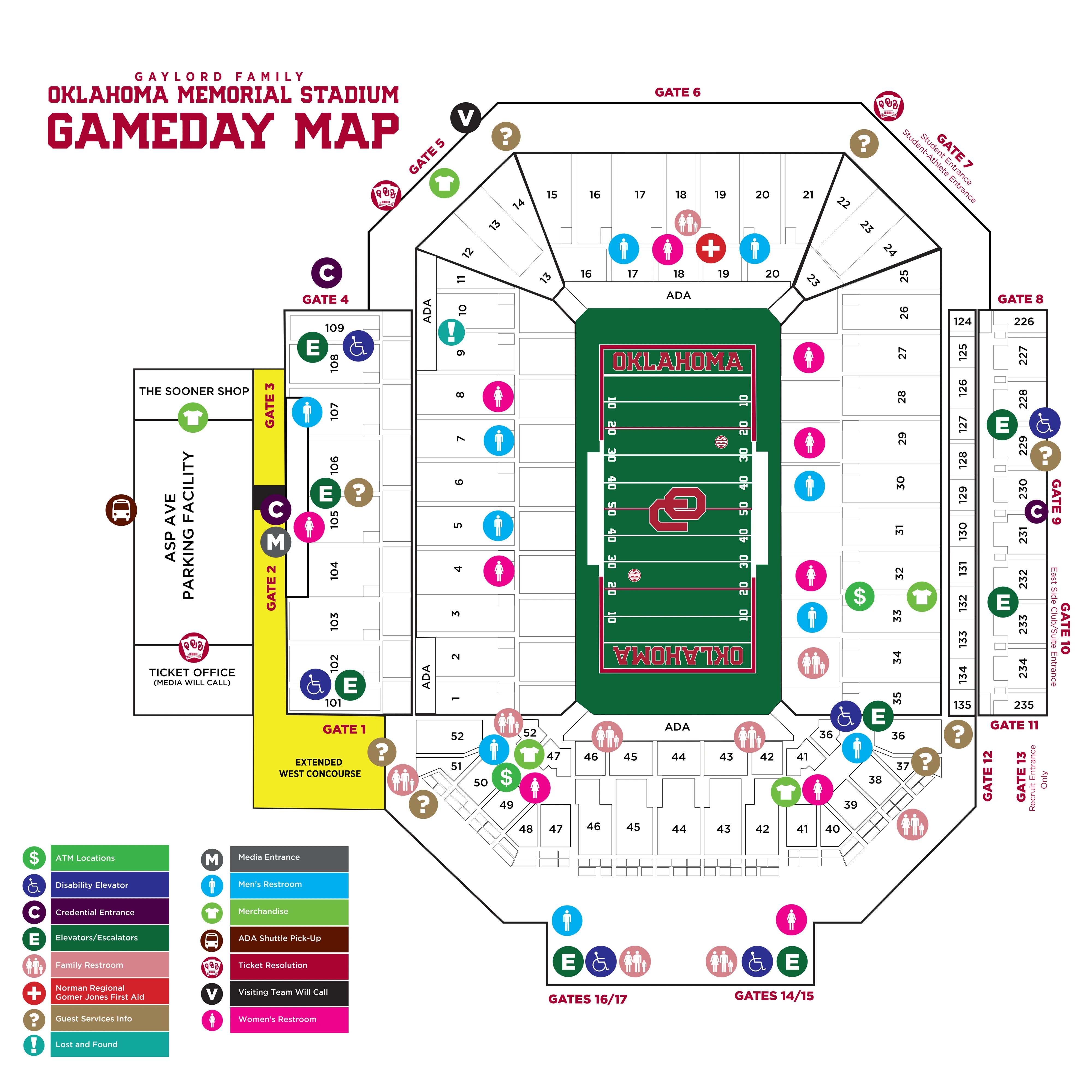 Gaylord Family Oklahoma Memorial Stadium: Seating chart, Oklahoma Memorial Stadium — 2026 football game-day map. Use the source chart for section and row details.