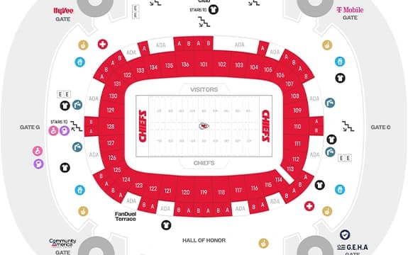 GEHA Field at Arrowhead Stadium: Venue layout, Field level — football sections 100–134 and amenities. Use the original map for routes and visitor facilities.