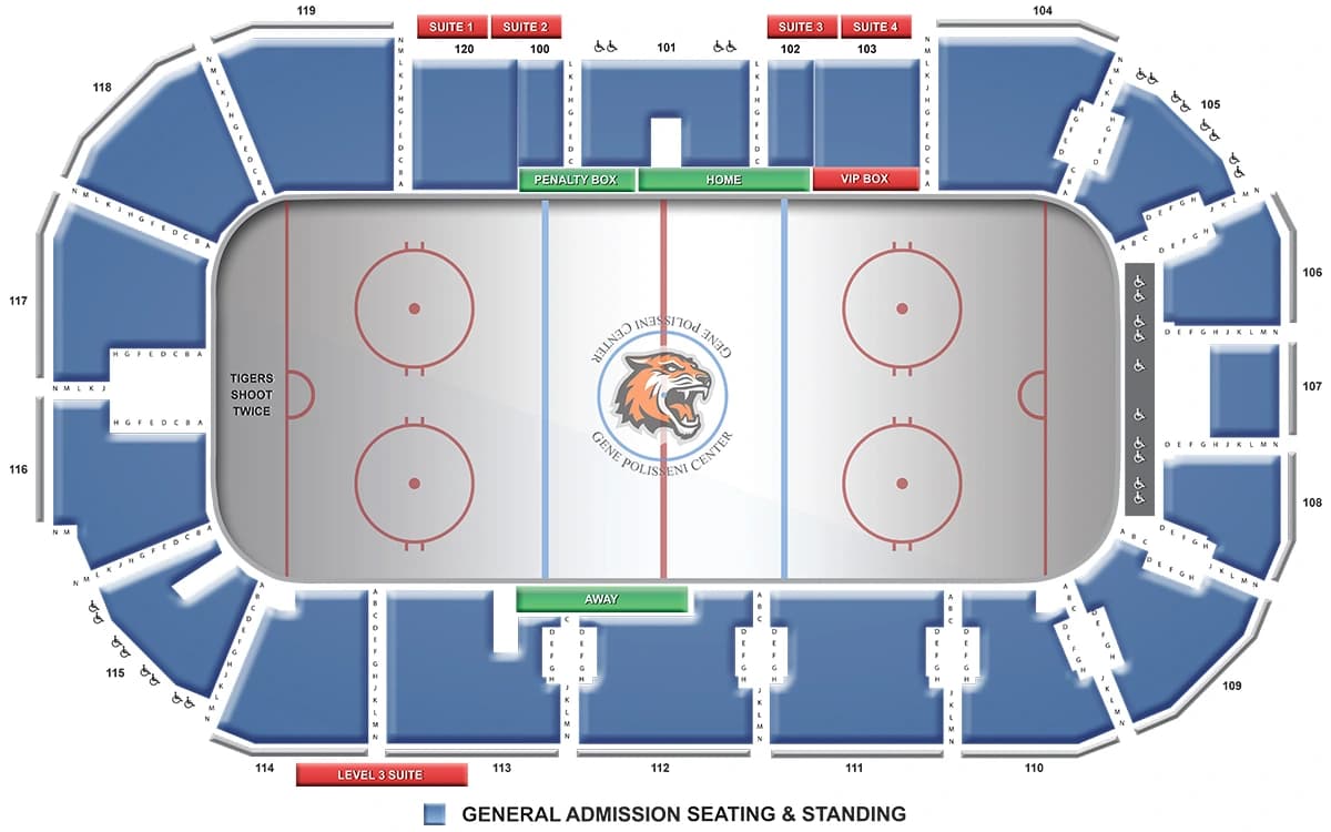 Gene Polisseni Center: Seating chart, Gene Polisseni Center — women’s hockey general-admission reference. Use the source chart for section and row details.