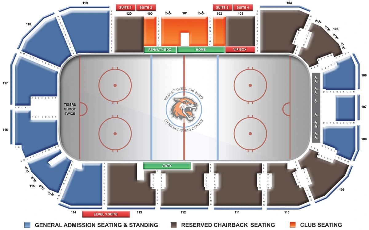 Gene Polisseni Center: Seating chart, Gene Polisseni Center — men’s hockey seating reference. Use the source chart for section and row details.
