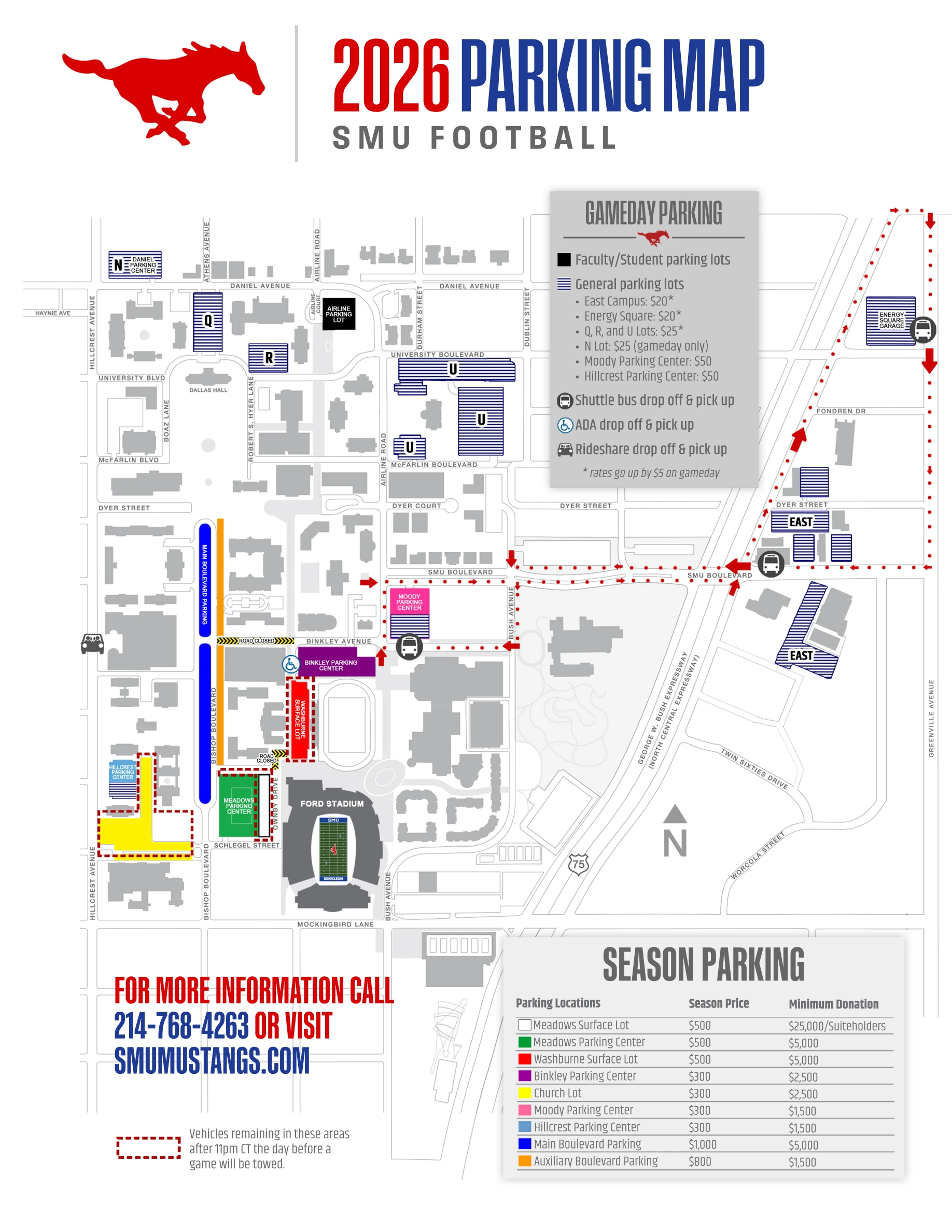Gerald J. Ford Stadium: Venue layout, SMU — official June 2026 football parking and drop-off plan. Use the original map for routes and visitor facilities.