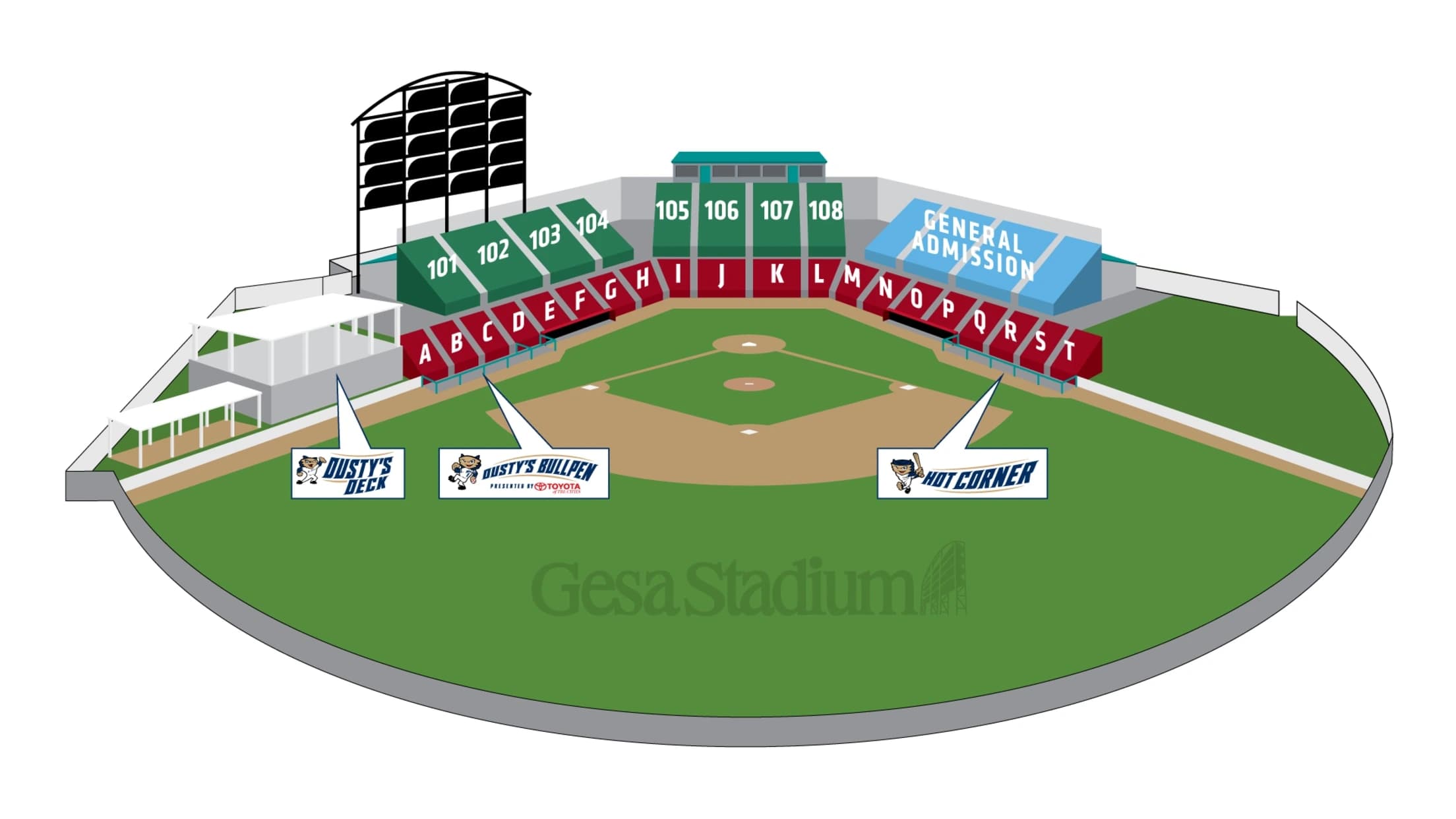 Gesa Stadium: Seating chart, Baseball · Gesa Stadium numbered and lettered seating areas. Use the source chart for section and row details.