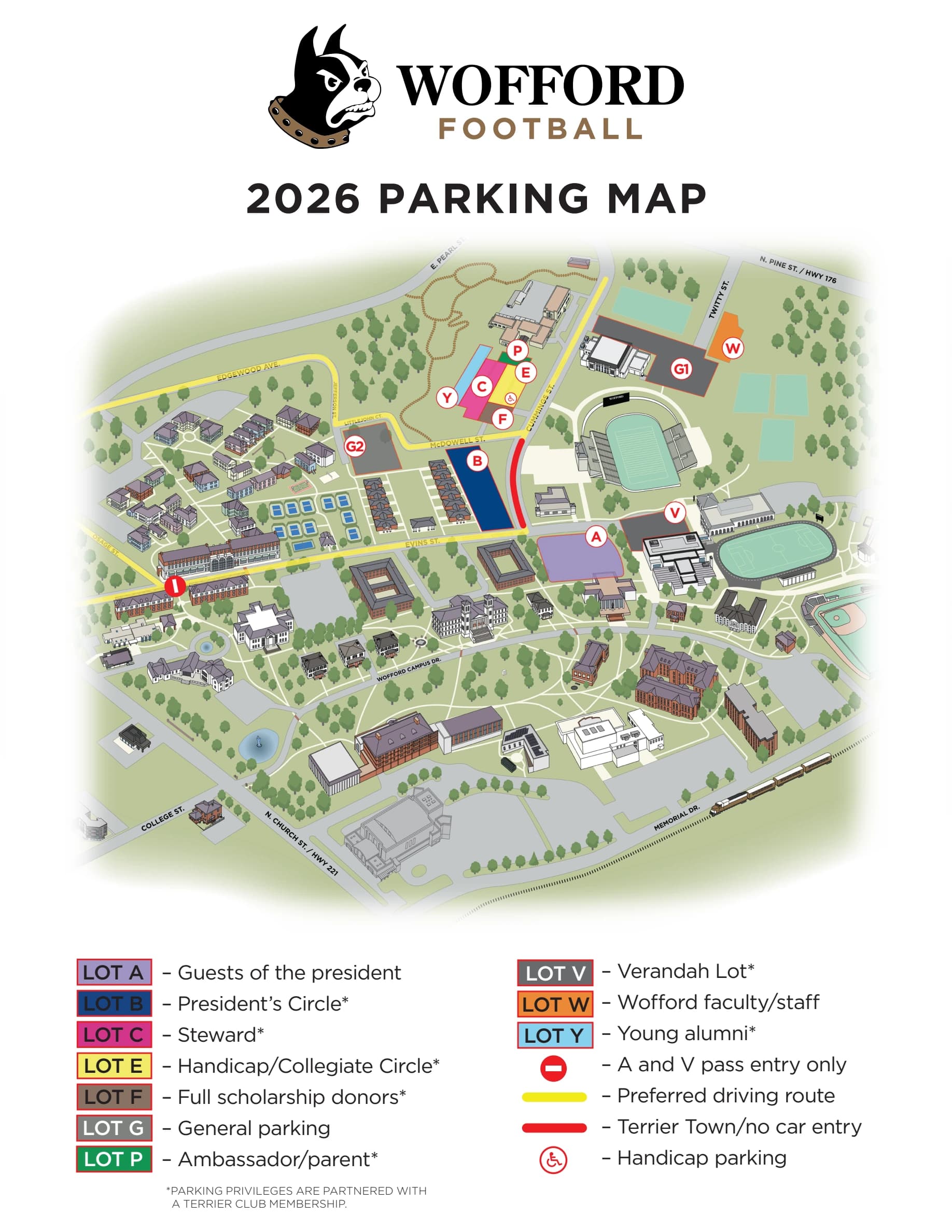 Mike Ayers Field at Gibbs Stadium: Venue layout, Wofford — official April 2026 football parking plan. Use the original map for routes and visitor facilities.