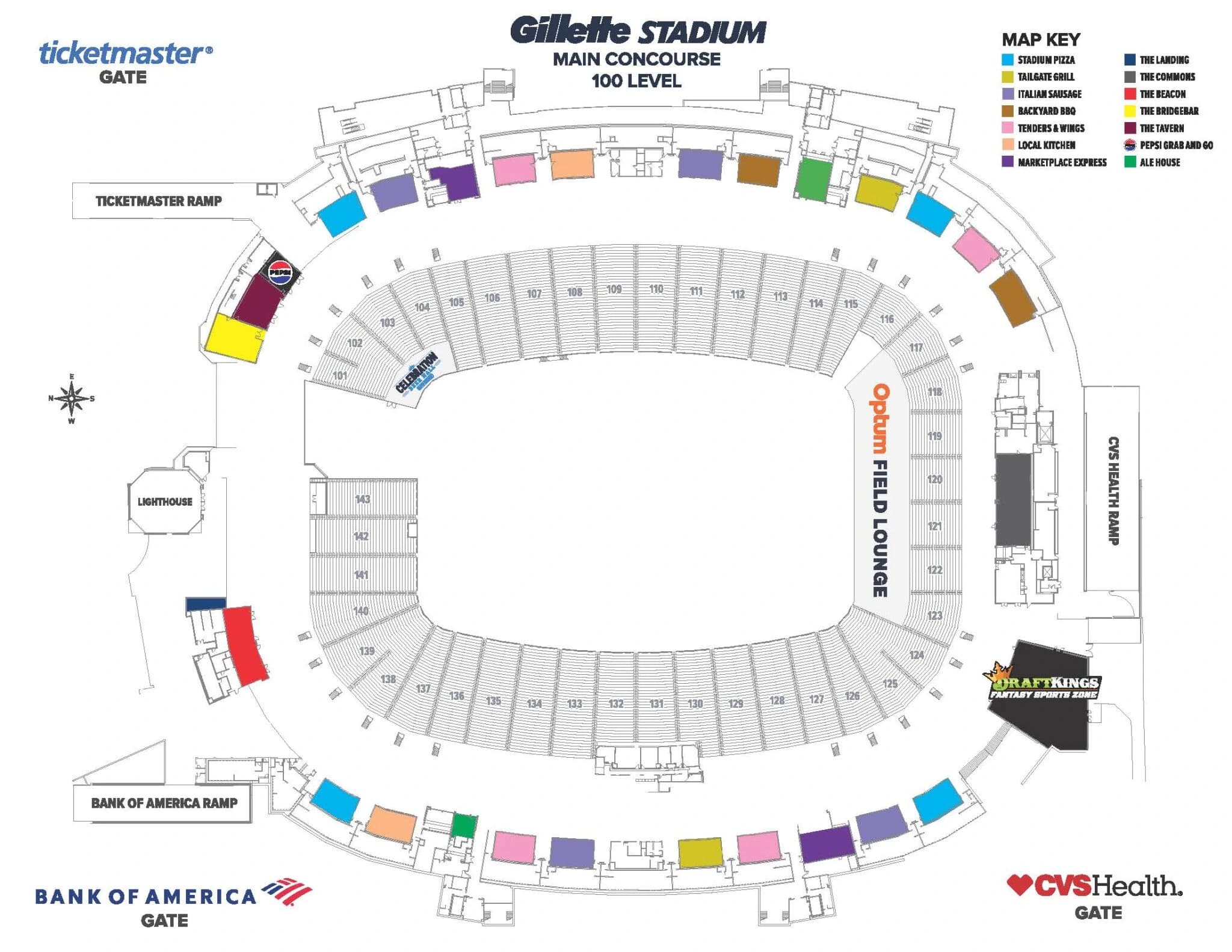 Gillette Stadium: Seating chart, Main concourse level 100 seating chart.. Use the source chart for section and row details.