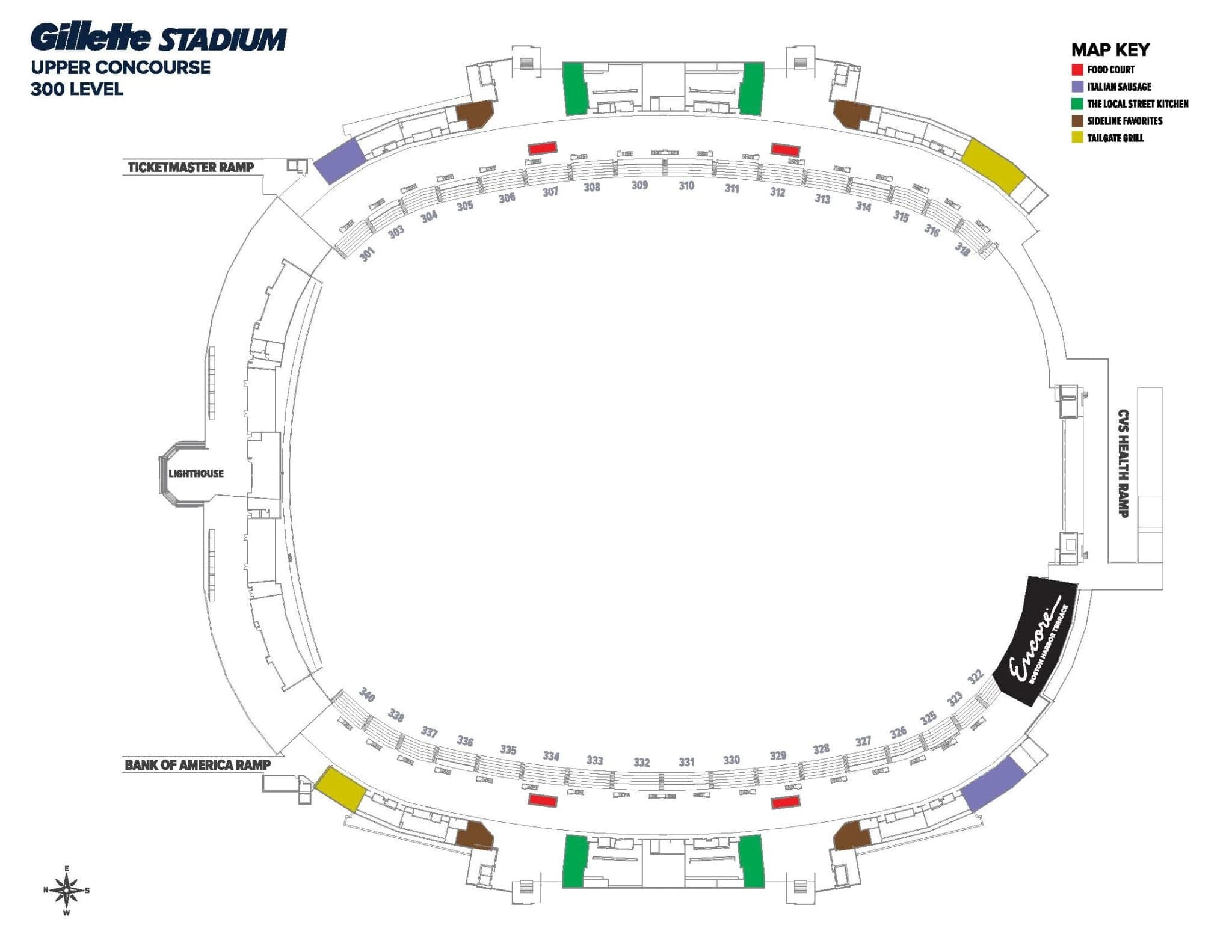 Gillette Stadium: Seating chart, Upper concourse level 300 seating chart.. Use the source chart for section and row details.