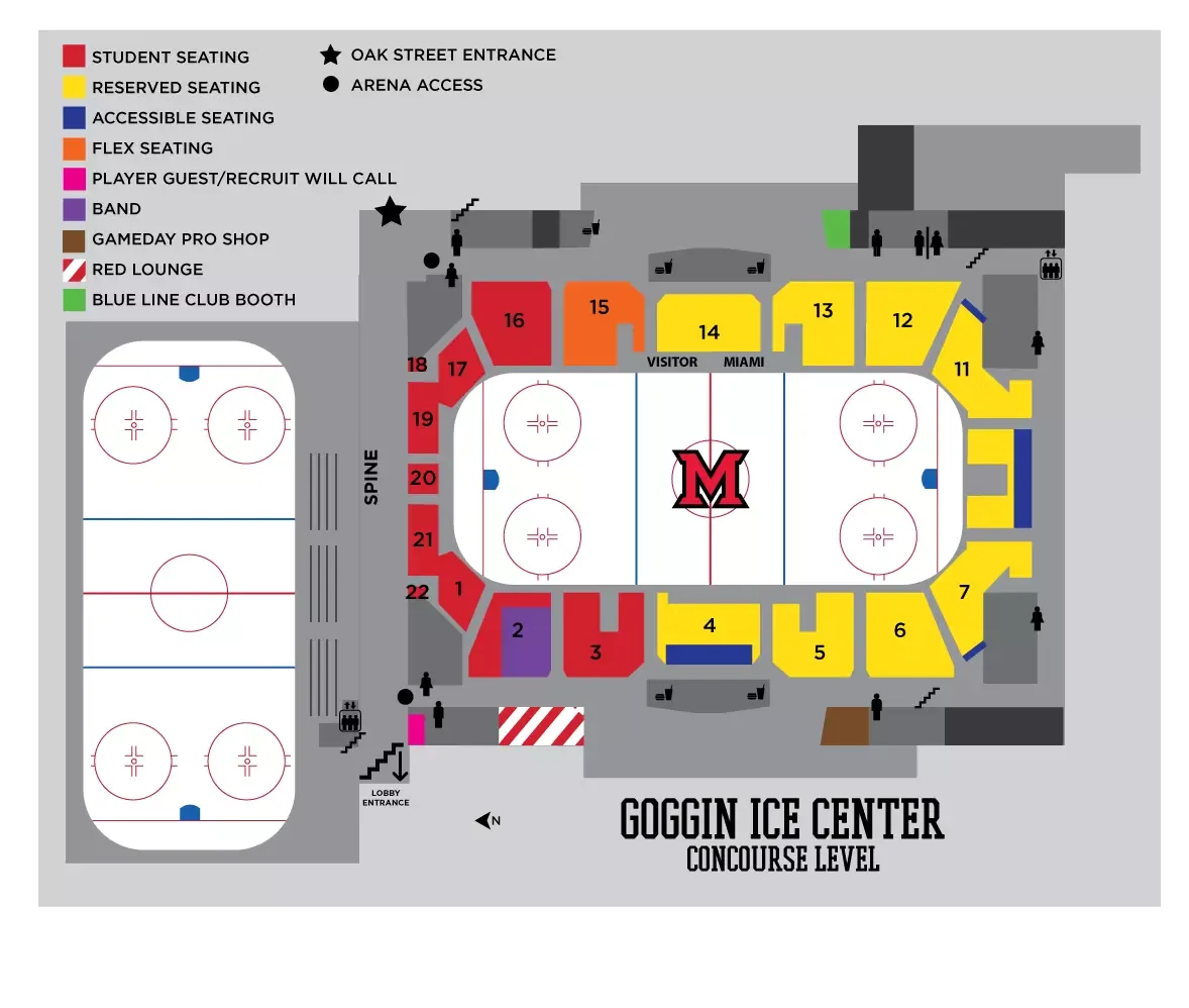 Goggin Ice Center: Seating chart, Goggin Ice Center — concourse and hockey sections. Use the source chart for section and row details.