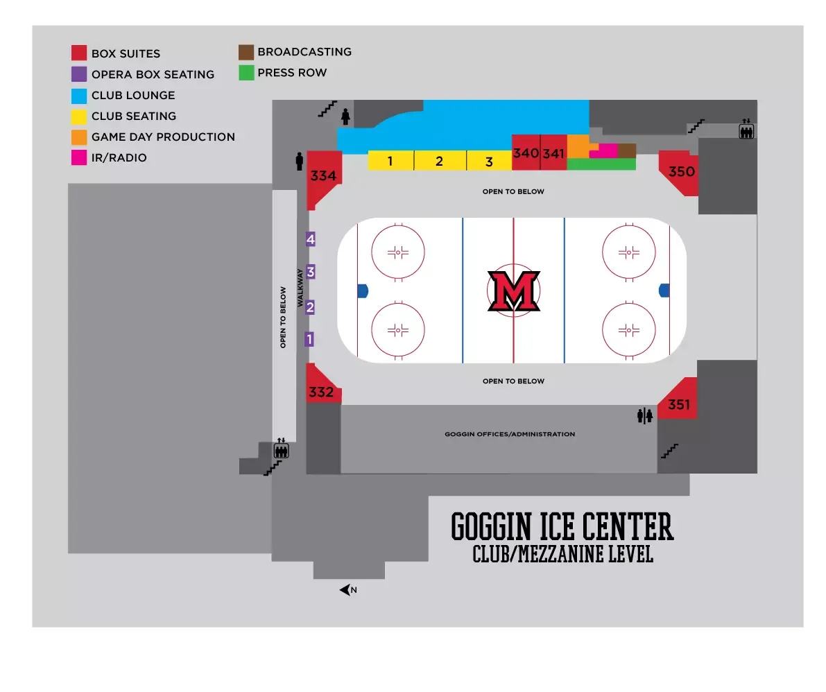 Goggin Ice Center: Seating chart, Goggin Ice Center — club level and premium boxes. Use the source chart for section and row details.