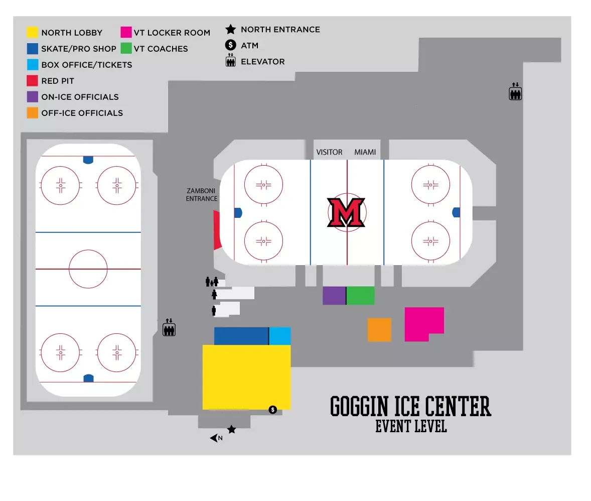 Goggin Ice Center: Venue layout, Goggin Ice Center — event level. Use the original map for routes and visitor facilities.
