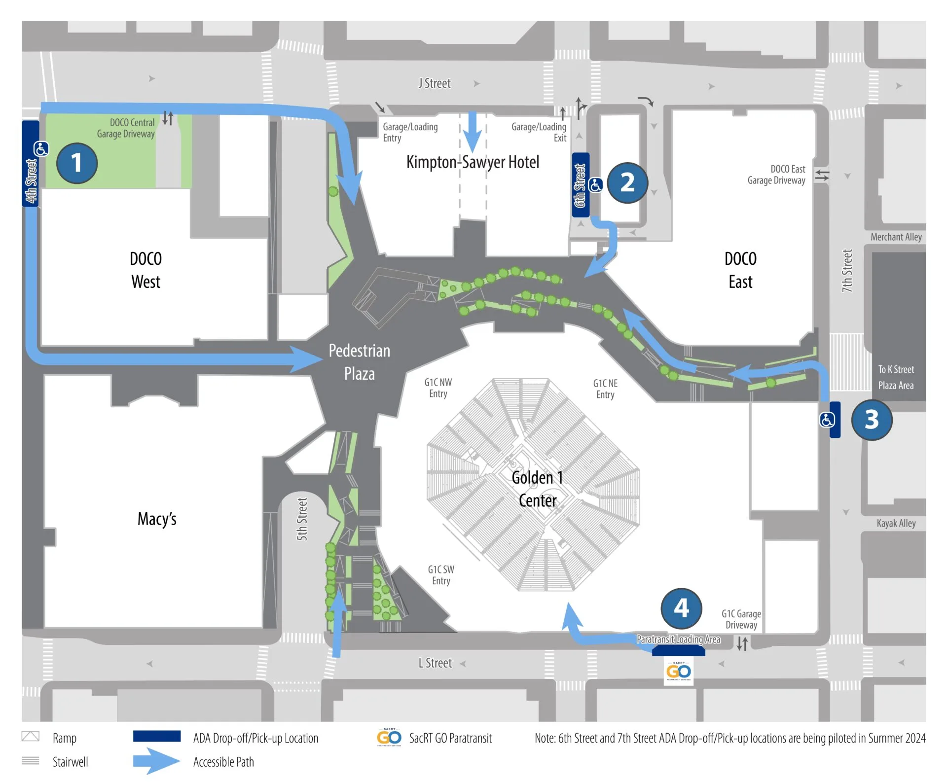 Golden 1 Center: Venue layout, Accessible drop-off routes. Use the original map for routes and visitor facilities.