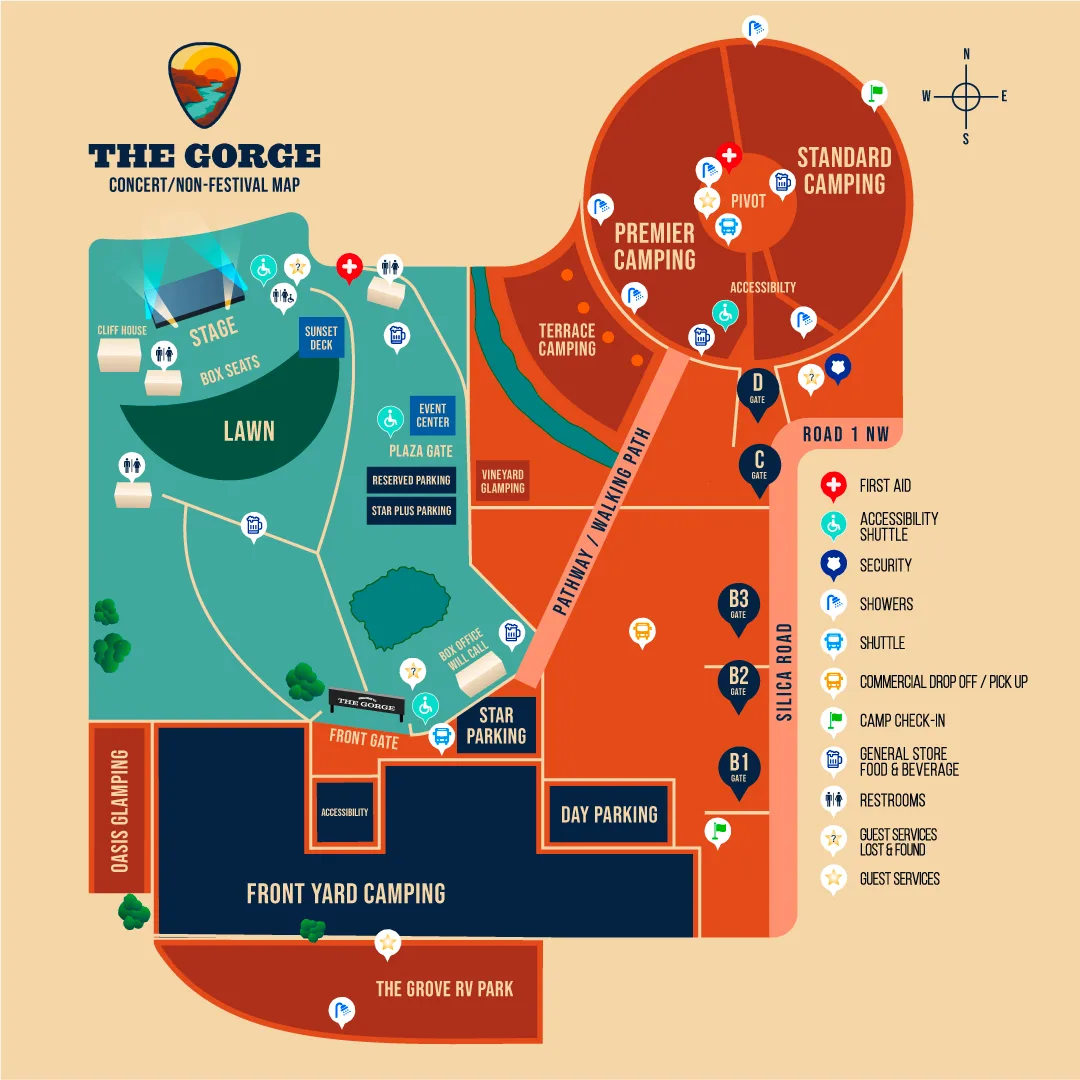 Gorge Amphitheatre: Venue layout, Amphitheatre grounds — stage, lawn, entrances, camping, and amenities. Use the original map for routes and visitor facilities.