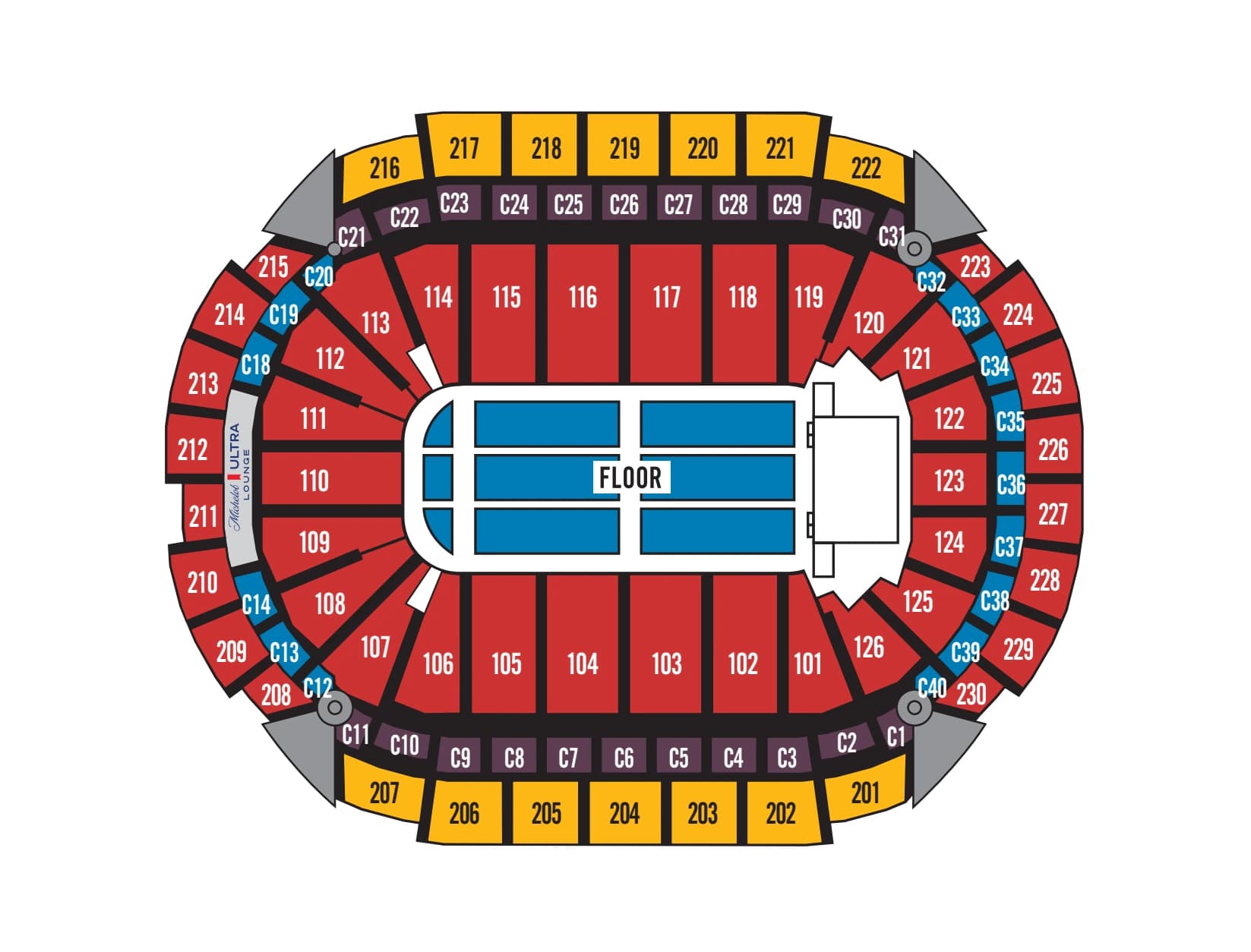Grand Casino Arena: Seating chart, Concert · end stage. Use the source chart for section and row details.