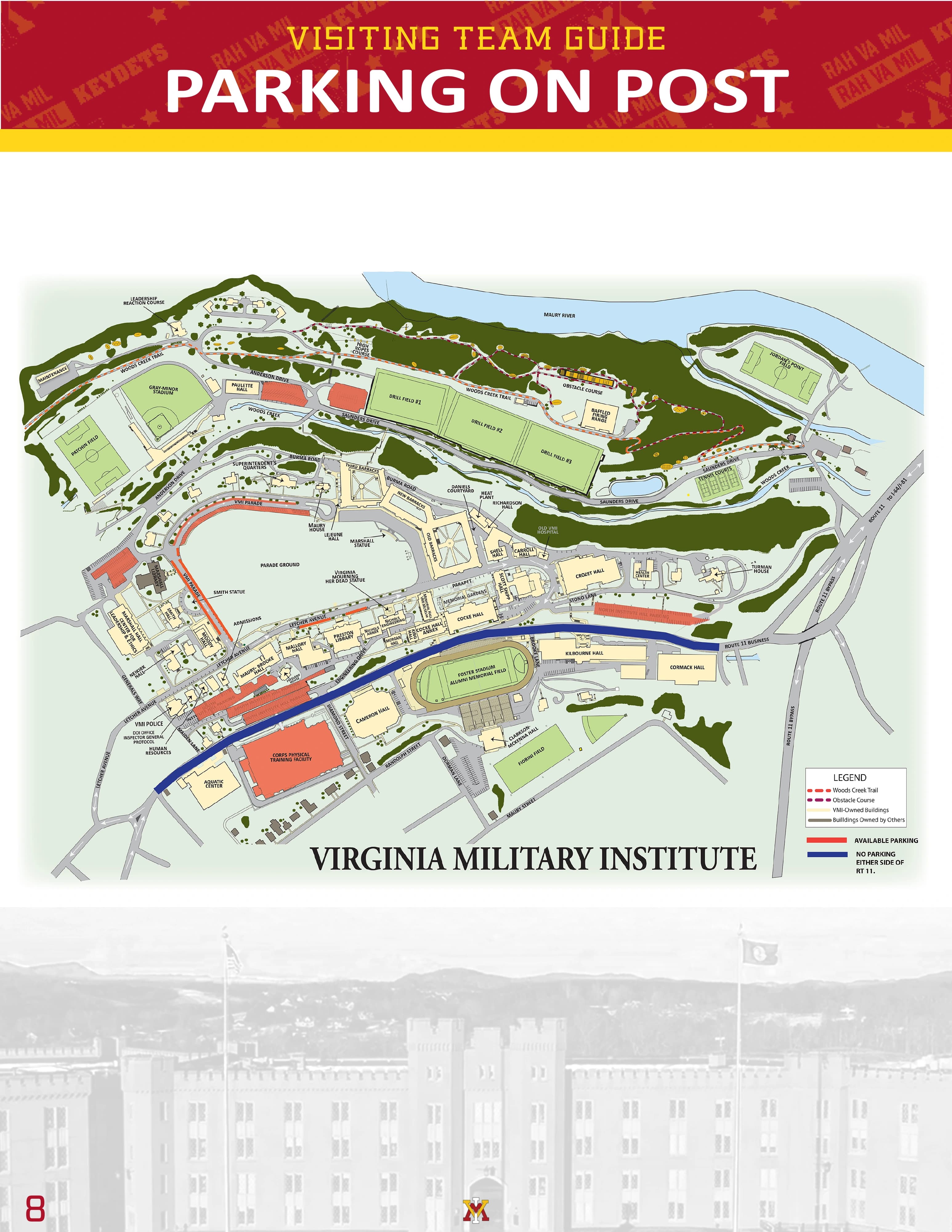 Lamore Field at Gray-Minor Stadium: Venue layout, Parking on Post. Use the original map for routes and visitor facilities.