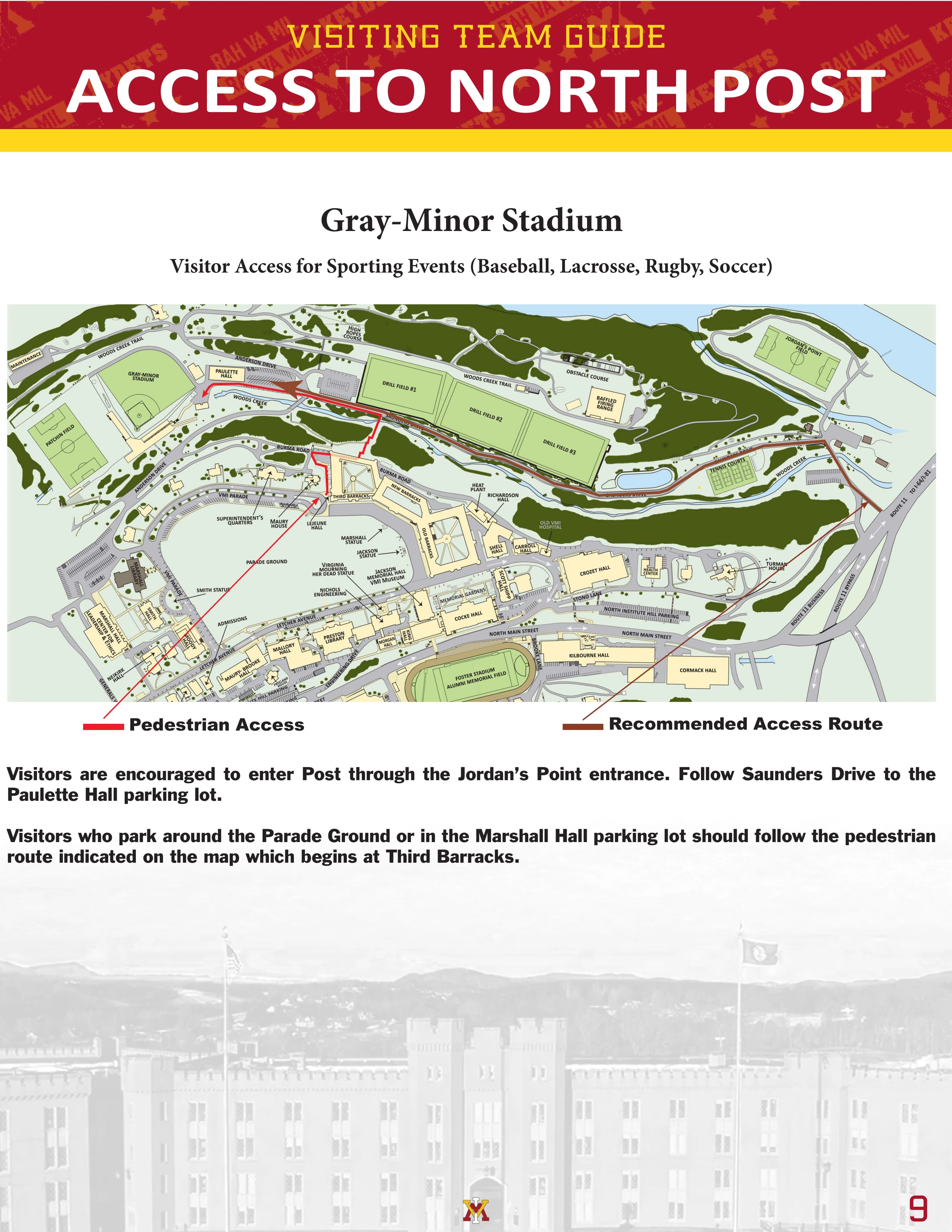 Lamore Field at Gray-Minor Stadium: Venue layout, Gray-Minor Stadium · North Post visitor routes. Use the original map for routes and visitor facilities.