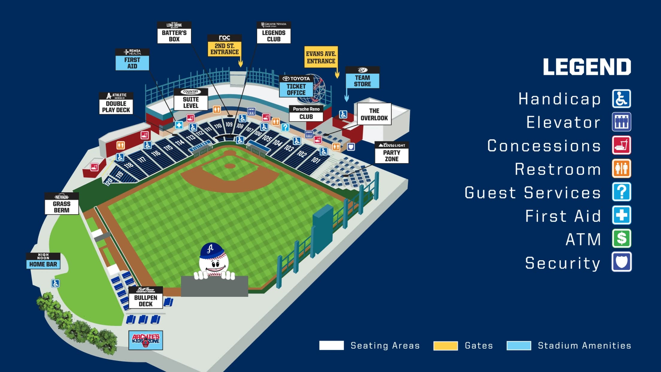 Greater Nevada Field: Seating chart, Greater Nevada Field — official-linked sections and ballpark amenities. Use the source chart for section and row details.