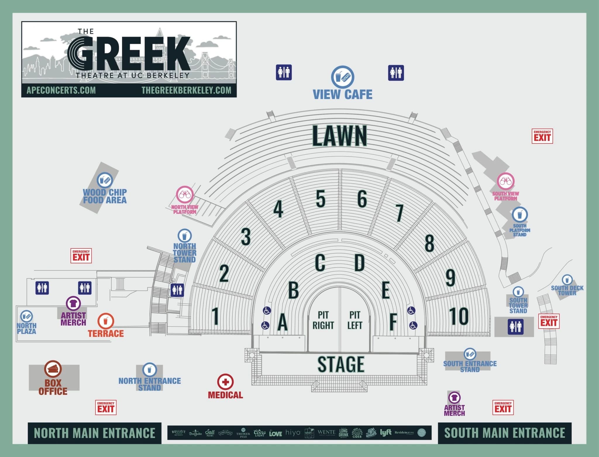 Greek Theatre at UC Berkeley: Seating chart, Greek Theatre at UC Berkeley — 2026 reserved-seating layout. Use the source chart for section and row details.