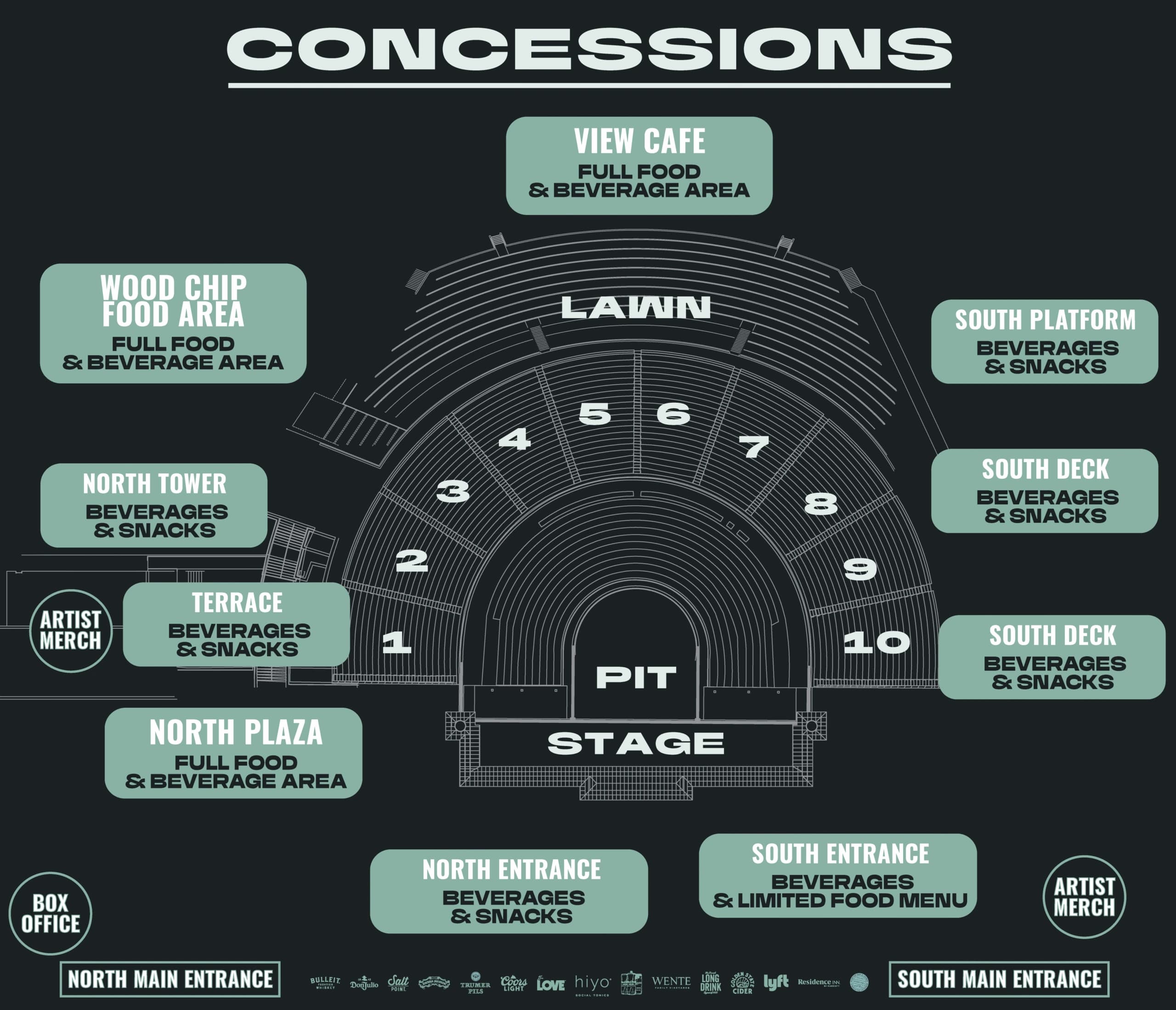 Greek Theatre at UC Berkeley: Venue layout, Greek Theatre at UC Berkeley — official 2026 concessions orientation. Use the original map for routes and visitor facilities.