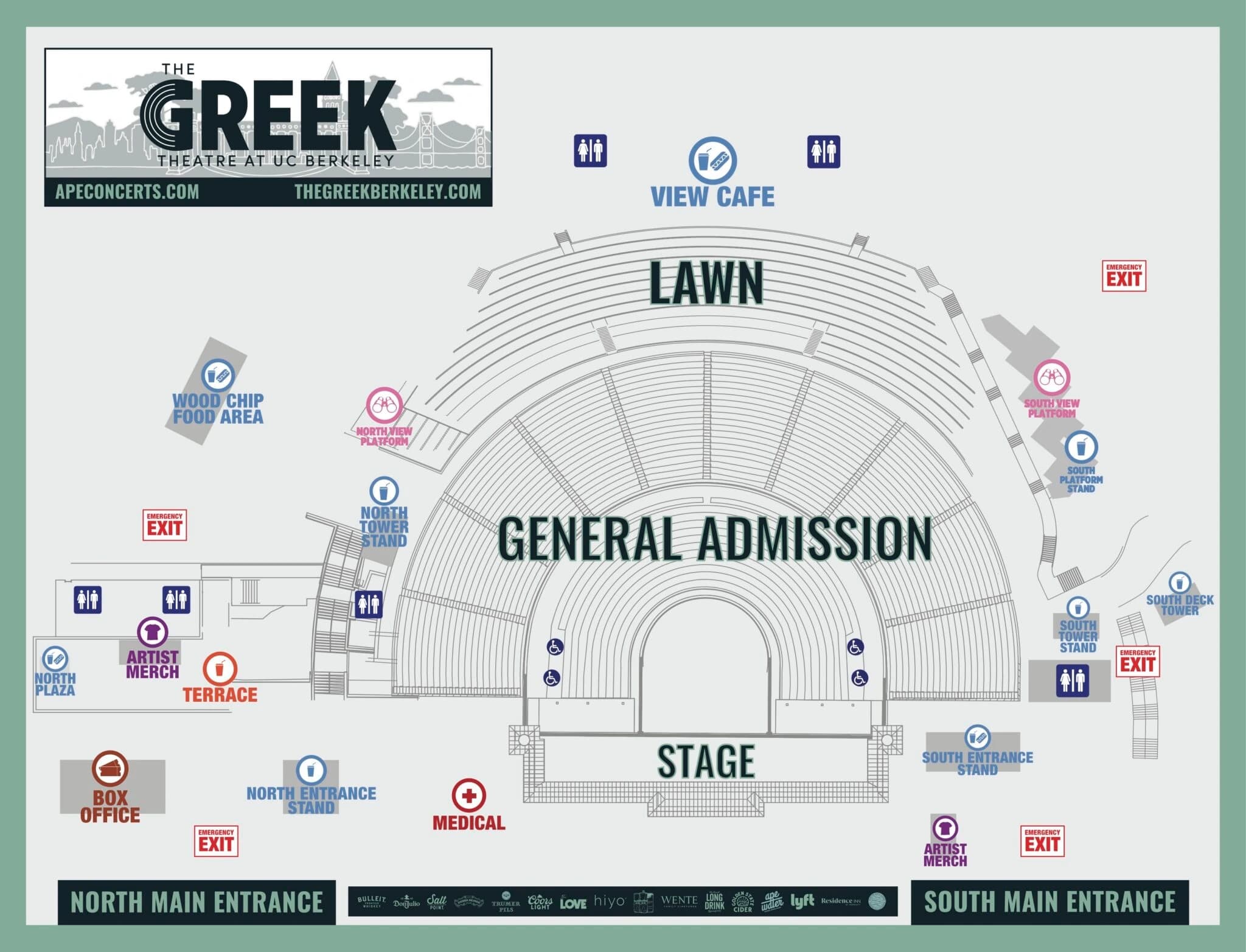 Greek Theatre at UC Berkeley: Seating chart, Greek Theatre at UC Berkeley — 2026 general-admission layout. Use the source chart for section and row details.