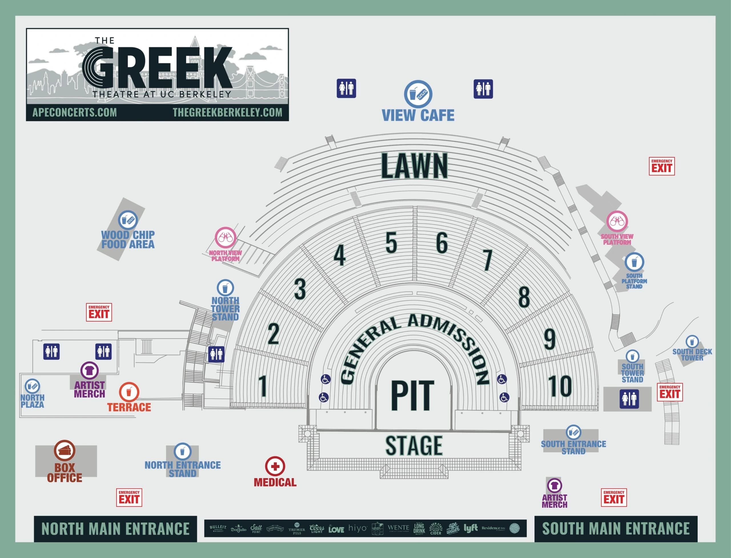 Greek Theatre at UC Berkeley: Seating chart, Greek Theatre at UC Berkeley — 2026 general-admission-pit layout. Use the source chart for section and row details.