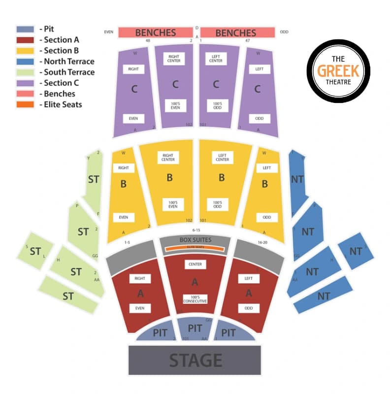 The Greek Theatre: Seating chart, Concert. Use the source chart for section and row details.