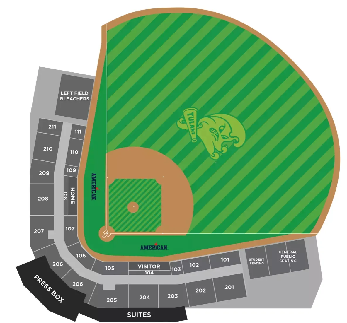 Greer Field at Turchin Stadium: Seating chart, Baseball seating sections and bleachers. Use the source chart for section and row details.