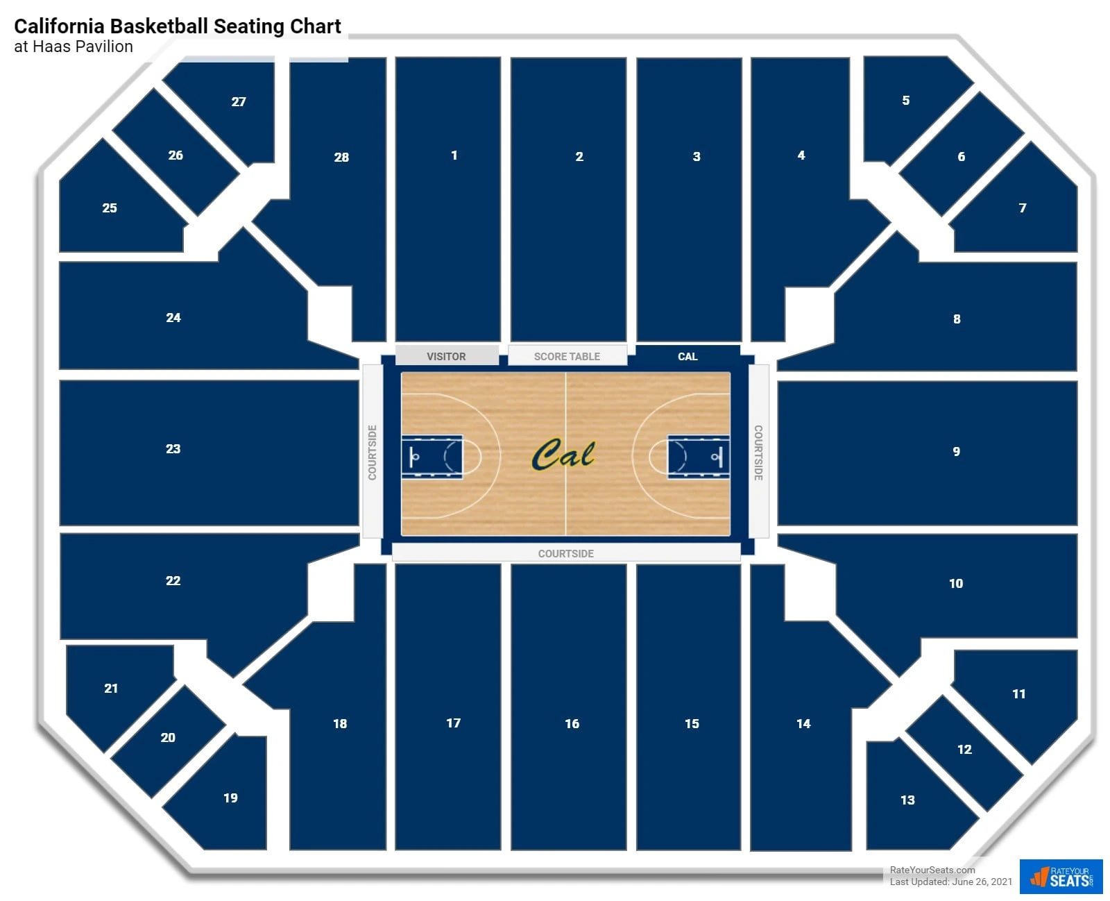 Haas Pavilion: Seating chart, Haas Pavilion — California basketball section overview. Use the source chart for section and row details.