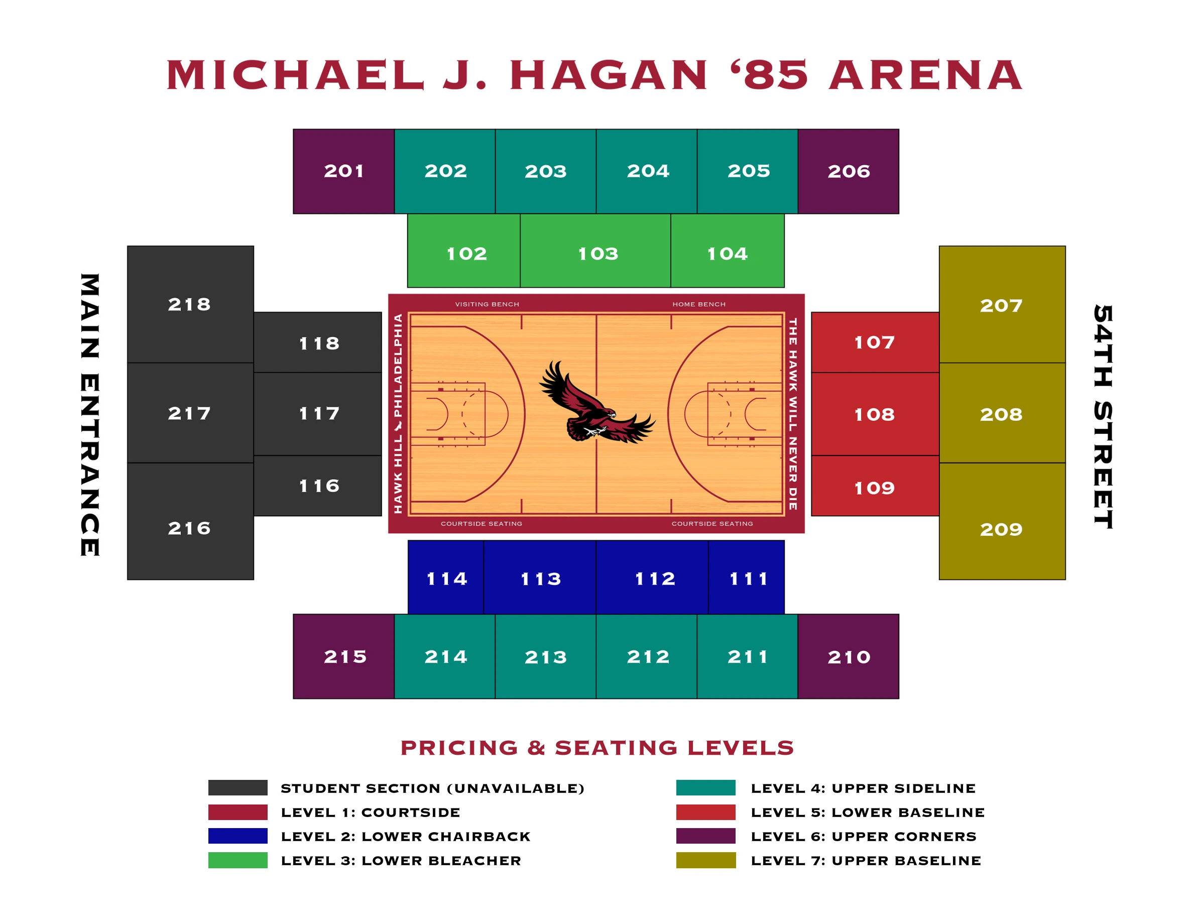 Hagan Arena: Seating chart, Hagan Arena — men’s basketball sections. Use the source chart for section and row details.