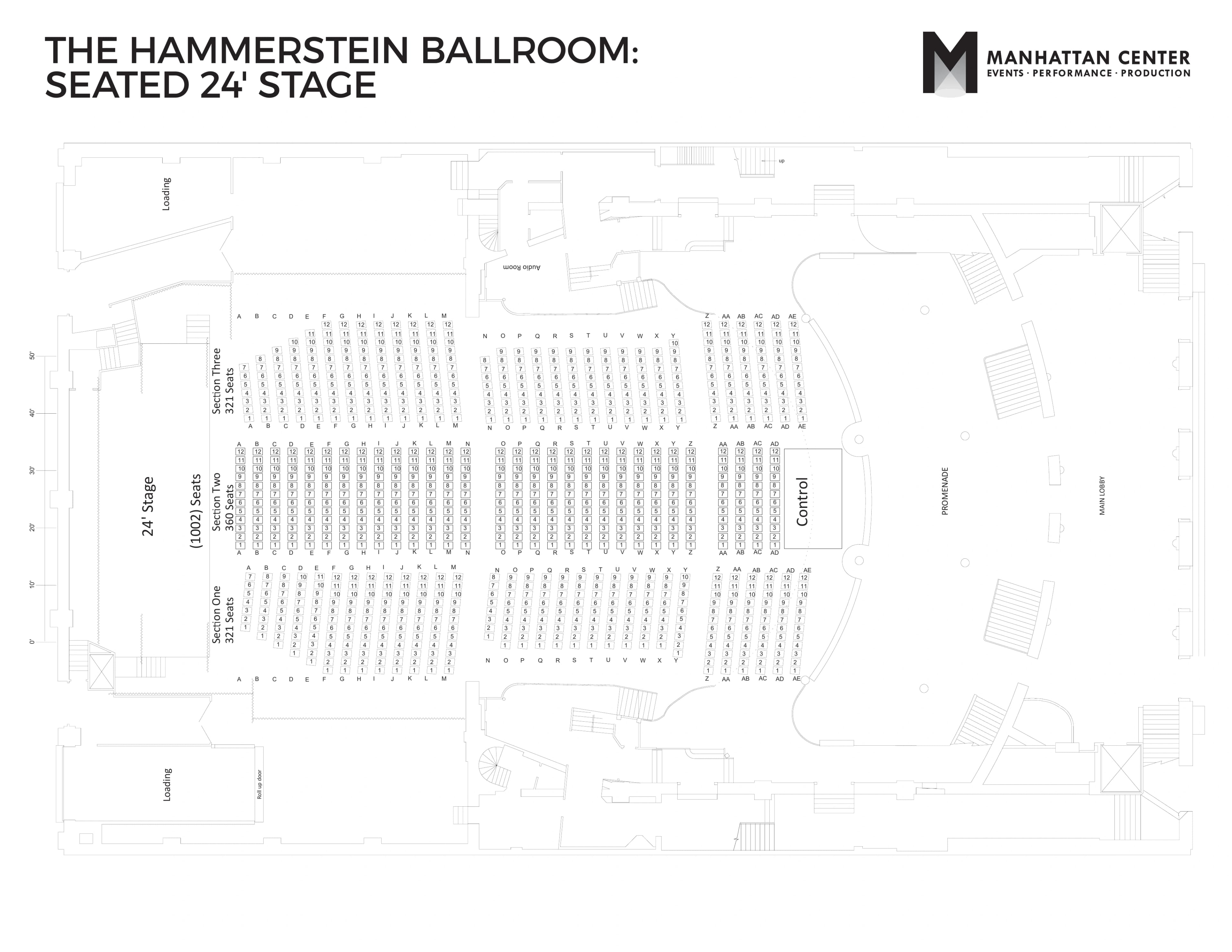 Hammerstein Ballroom: Seating chart, Hammerstein seated main floor · 24-foot stage reference. Use the source chart for section and row details.