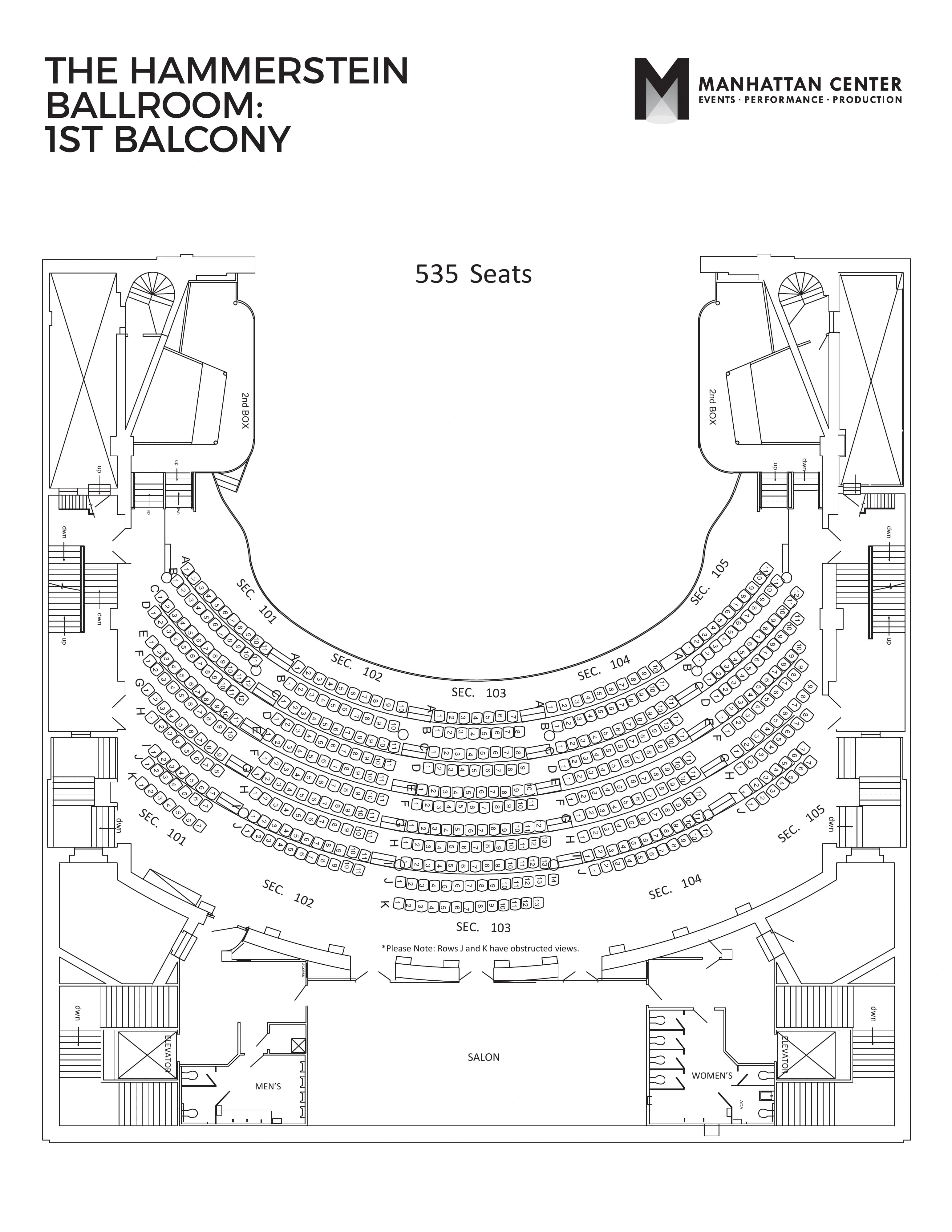 Hammerstein Ballroom: Seating chart, Hammerstein first balcony · older numbered-seat reference. Use the source chart for section and row details.