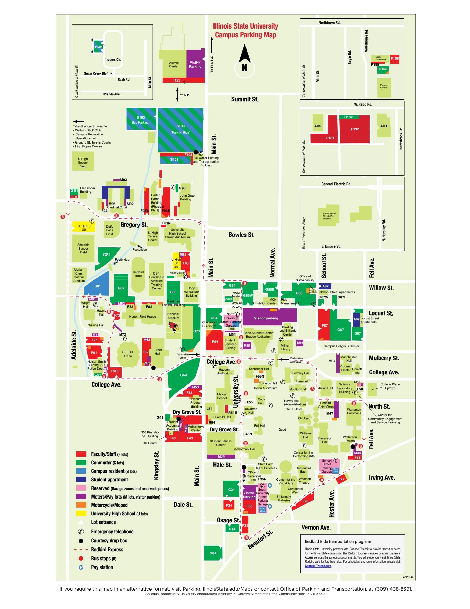 Hancock Stadium: Venue layout, Illinois State — official April 2026 campus parking map. Use the original map for routes and visitor facilities.