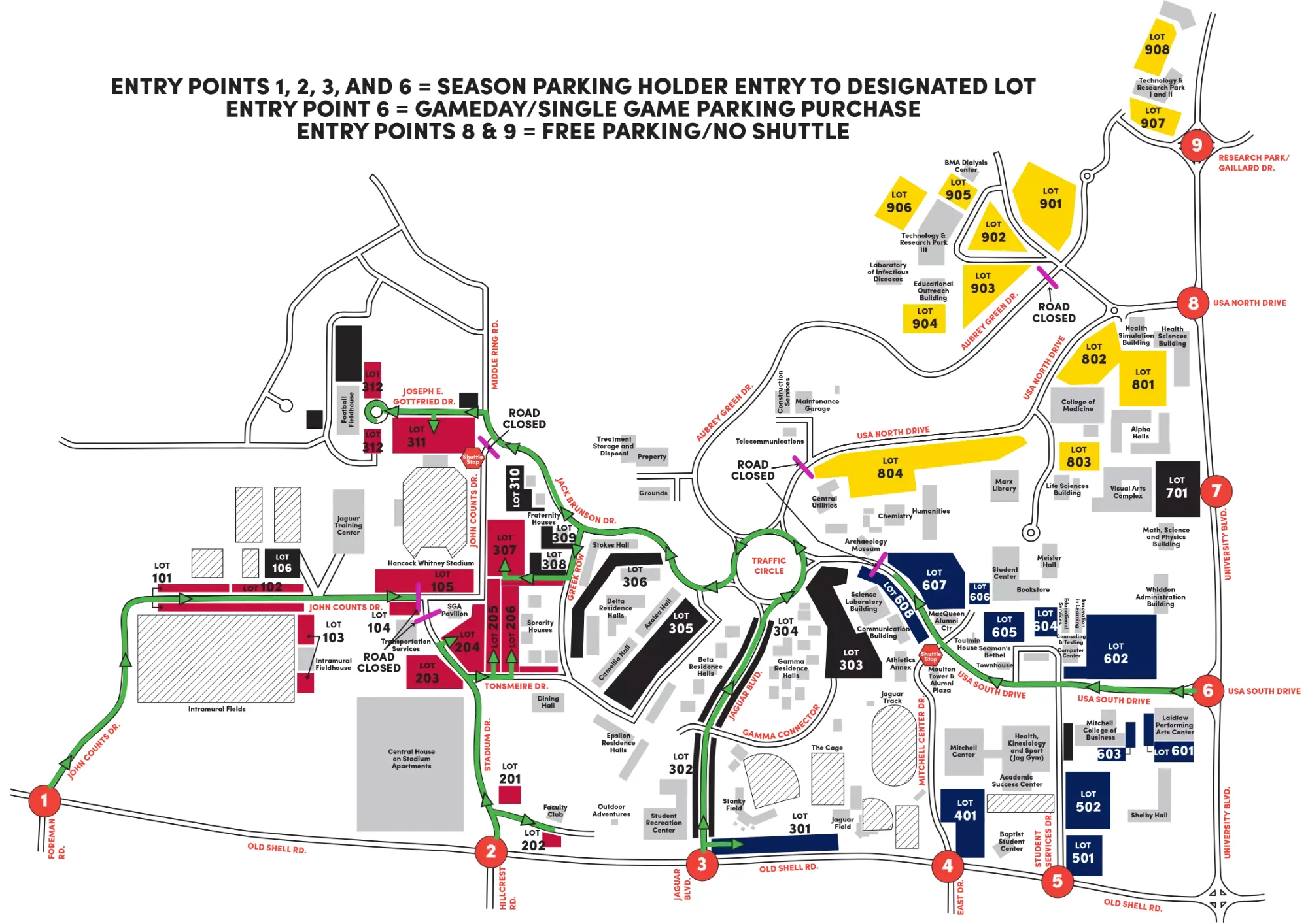 Hancock Whitney Stadium: Venue layout, Football parking lots and arrival routes — published 2023. Use the original map for routes and visitor facilities.