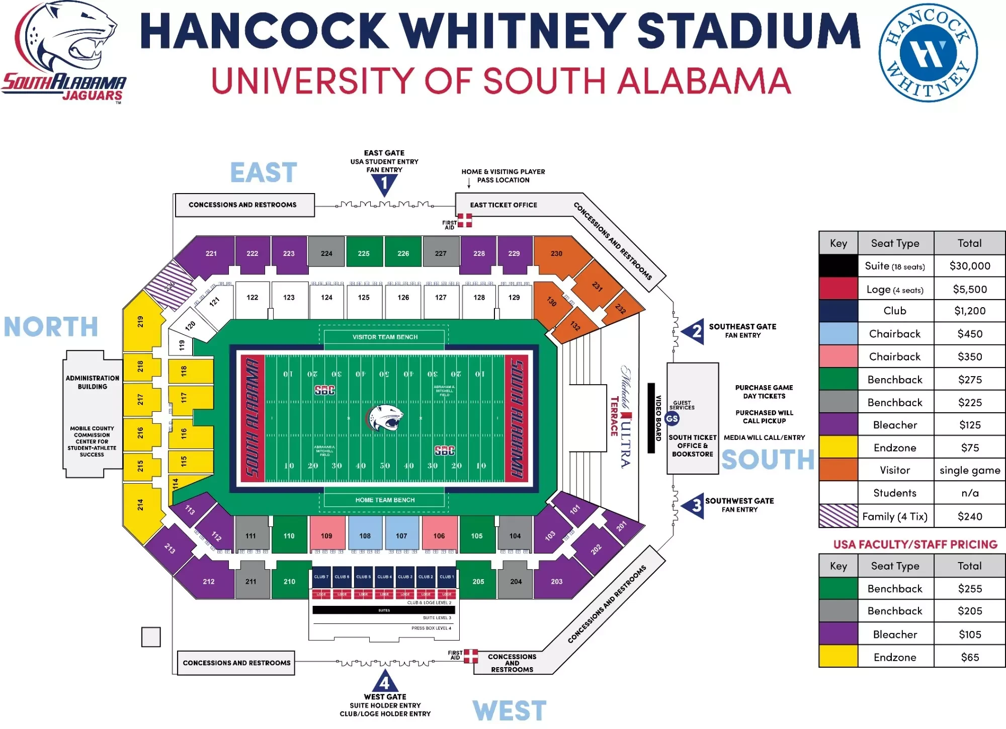 Hancock Whitney Stadium: Seating chart, Football seating and gates · 2025 edition. Use the source chart for section and row details.