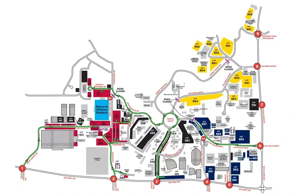 Hancock Whitney Stadium: Venue layout, Football campus entries and parking — 2026 game-day plan. Use the original map for routes and visitor facilities.