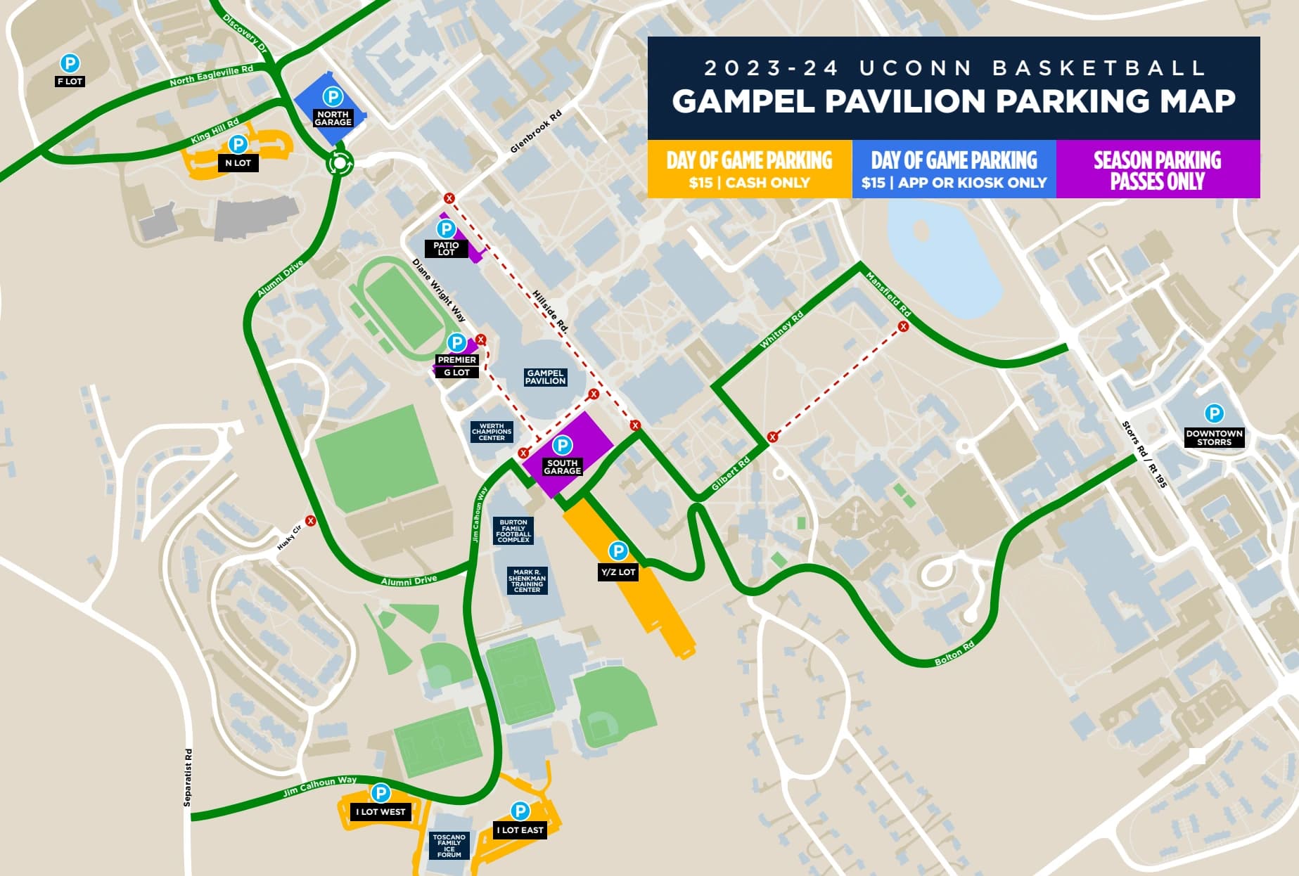 Harry A. Gampel Pavilion: Venue layout, Basketball parking · 2023–24 map. Use the original map for routes and visitor facilities.